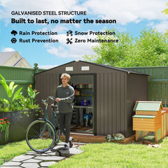 Outsunny 9 x 6ft Metal Garden Shed, Outdoor Storage Tool House with Ventilation Slots, Foundation Kit and Lockable Double Doors, Brown