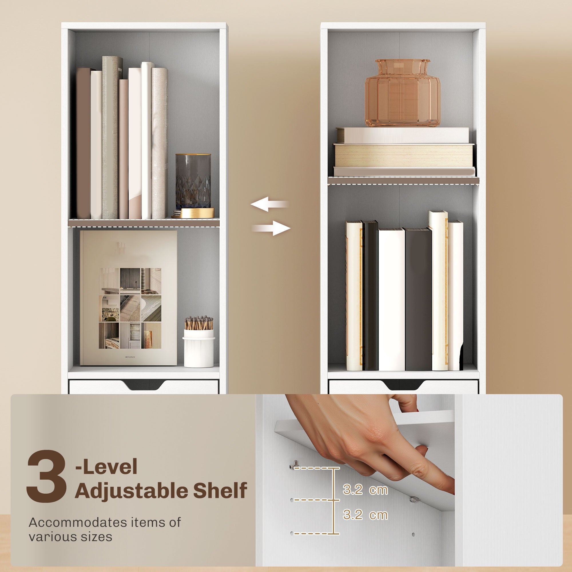 HOMCOM 6-Tier Bookcase, Tall Narrow Bookshelf with Drawer and Door - White