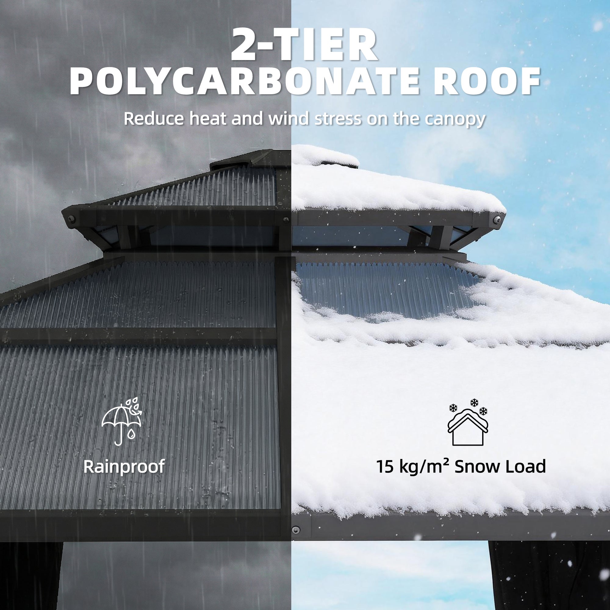 Outsunny 2.5 x 2.5 m Hardtop Gazebo Canopy with Double PC Roof, Drainage Gutters, Garden Gazebo Permanent Pavilion, Dark Grey