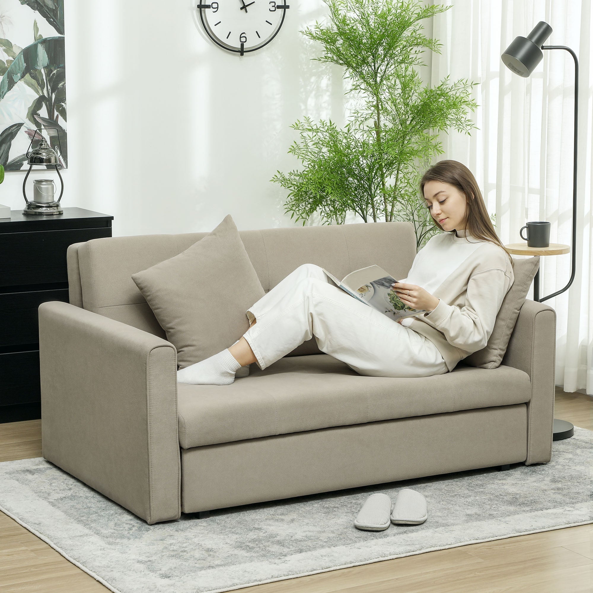 HOMCOM 2 Seater Sofa Bed with Hidden Storage, Pull Out Convertible Bed Settee, Modern Velvet Loveseat Sofa Sleeper with 2 Cushions for Living Room, Guest Room, Light Brown