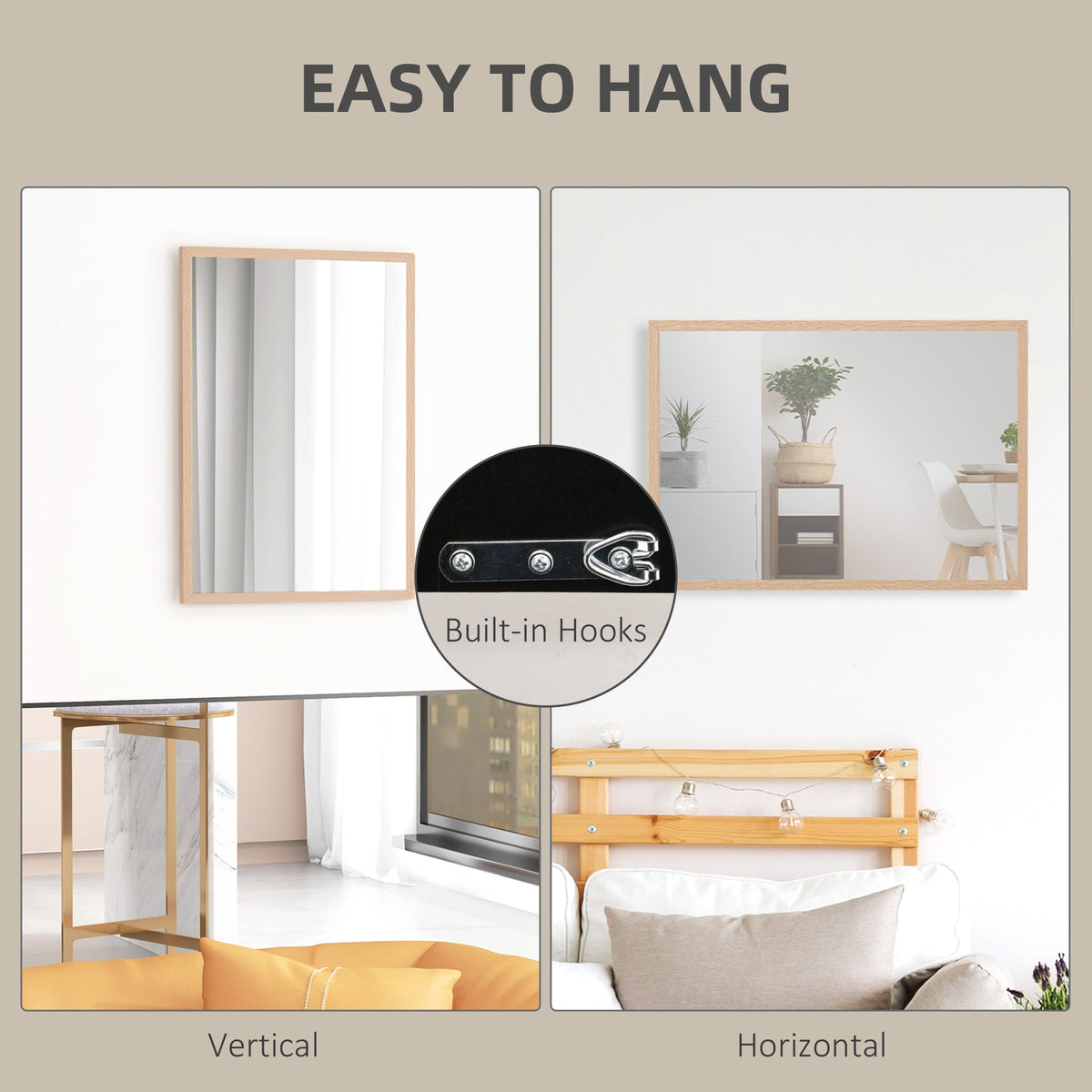 HOMCOM Wall Bathroom Mirror, 70 x 50 cm Wall-Mounted Mirror for Living Room, Bedroom, Hallway, Natural Wood - product image 5