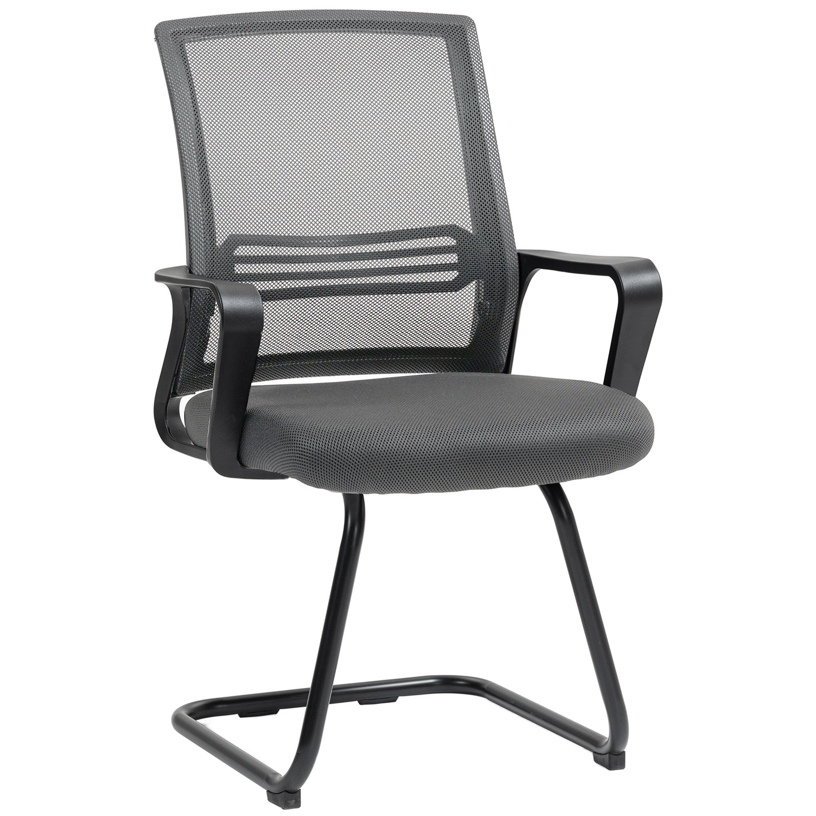 HOMCOM Padded Meeting Office Chair, Ergonomic Desk Chair No Wheels with Sled Base for Bedroom, Waiting, Reception, Dark Grey