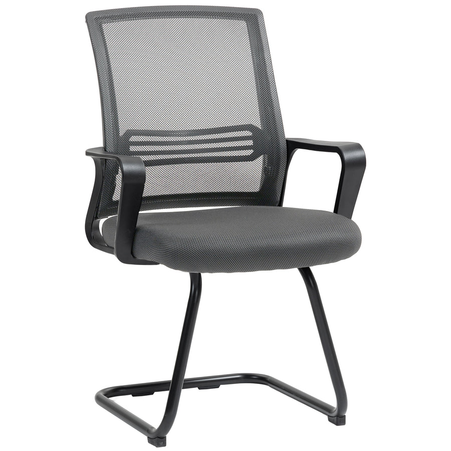 HOMCOM Padded Meeting Office Chair, Ergonomic Desk Chair No Wheels with Sled Base for Bedroom, Waiting, Reception, Dark Grey