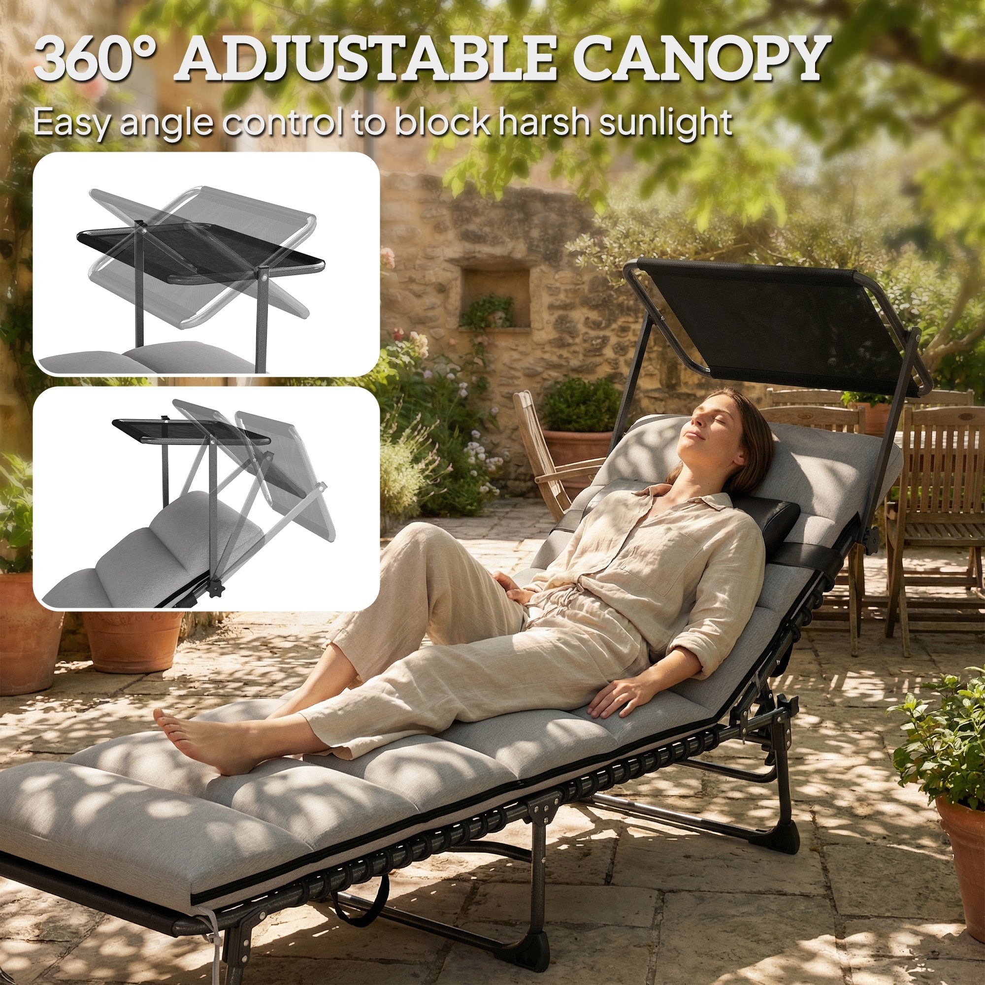 Outsunny Folding Sun Lounger with Canopy, Reclining Sunbed with Cushion, Side Pocket, Carrying Handle, Light Grey