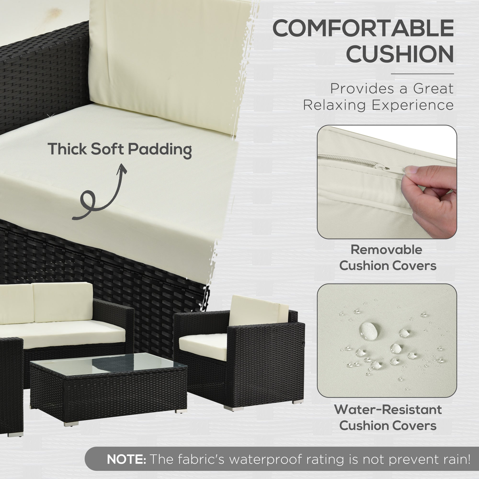 Outsunny 4-Seater Rattan Sofa Set Garden Rattan Furniture Wicker Steel Chair Seat Furniture Patio Rattan Garden Sofa Black