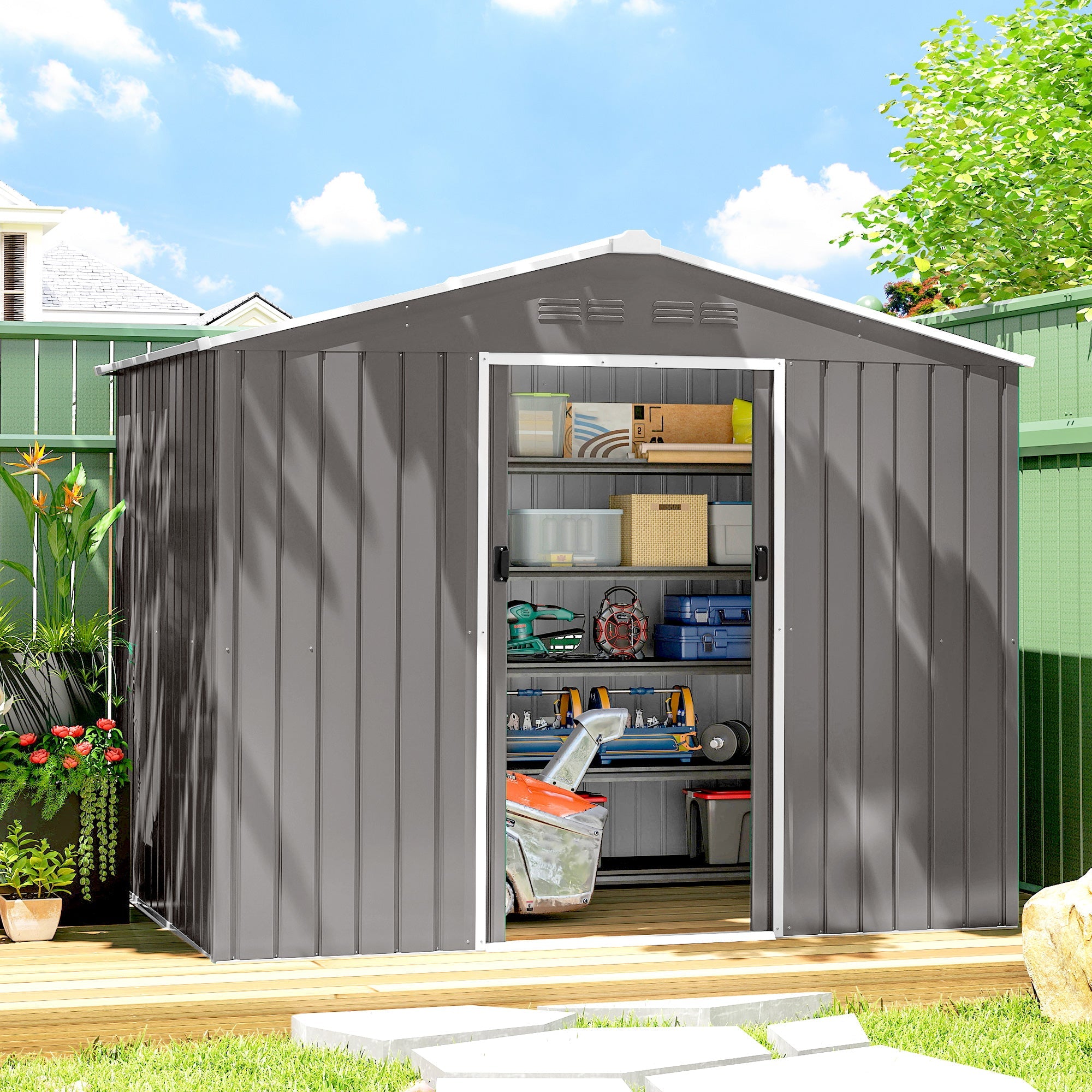Outsunny 8 x 6ft Galvanised Steel Shed, with Double Door - Light Grey