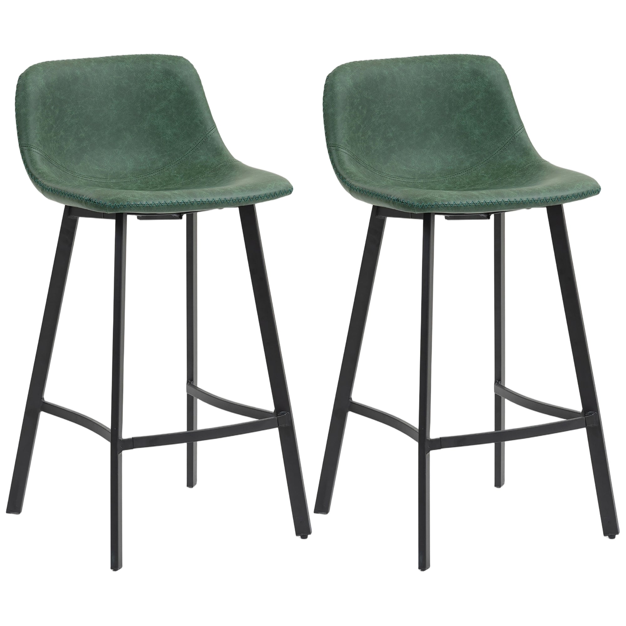 HOMCOM Bar Stools Set of 2, PU Leather Dining Stools with Backrest, Footrest, for Kitchen, Counter, Breakfast Bar, Green