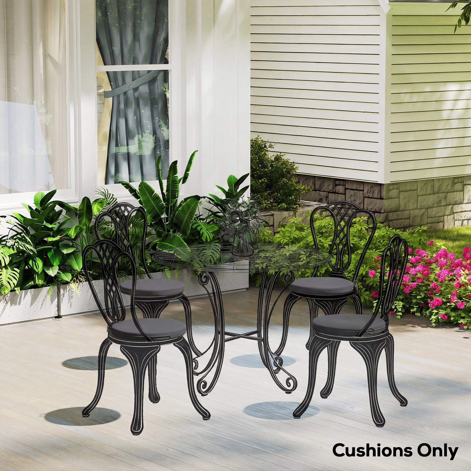 Outsunny Outdoor Bistro Chair Cushions Set of 4 with Removable Cover, 41 x 41 x 5 cm Round Seat Cushions with Ties, Dark Grey