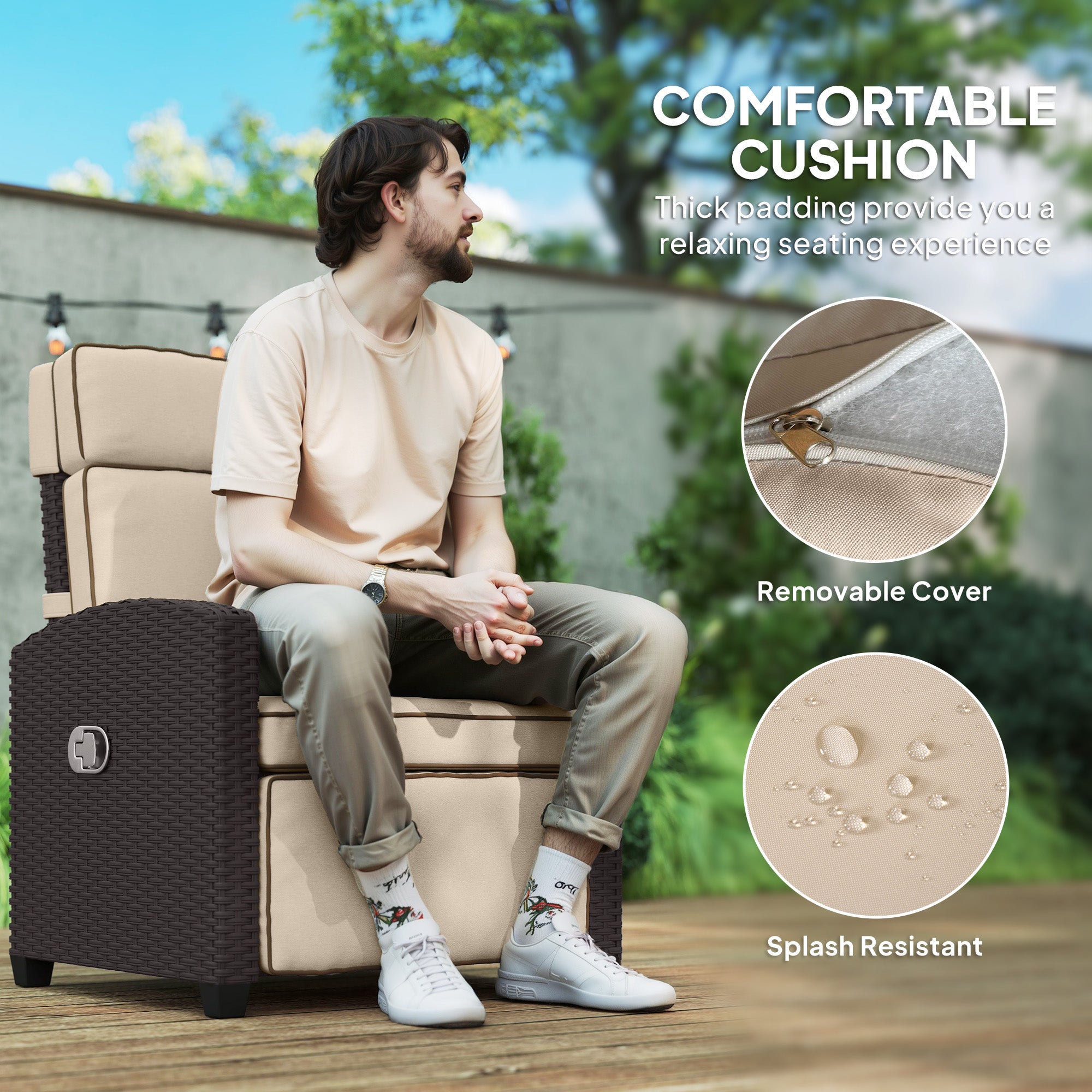 Outsunny 145√Ç¬∞ Reclining Rattan Armchair, with Footrest - Brown/Khaki