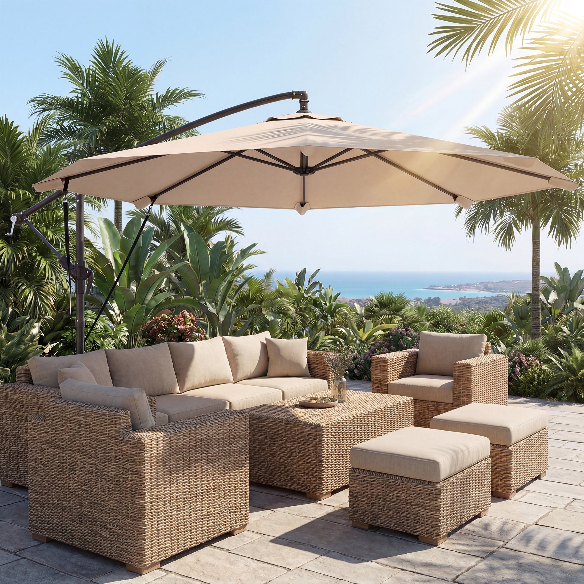 Outsunny 3 m Cantilever Parasol with Protective Cover and Wind Ropes, Banana Parasol with Crank Handle, Khaki