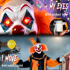 HOMCOM 190cm Life Size Animated Clown Halloween Decoration, Scary Halloween Animatronics Decor with Sound Touch Activated