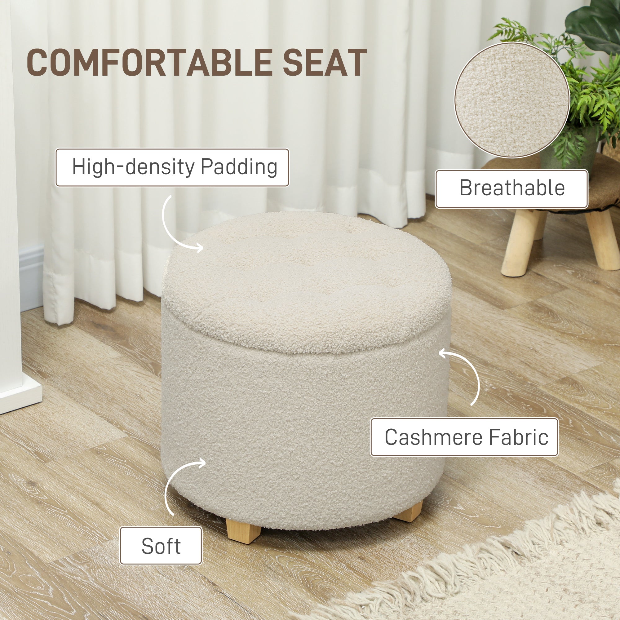 HOMCOM 40.5L Teddy Fleece Storage Ottoman - Cream White