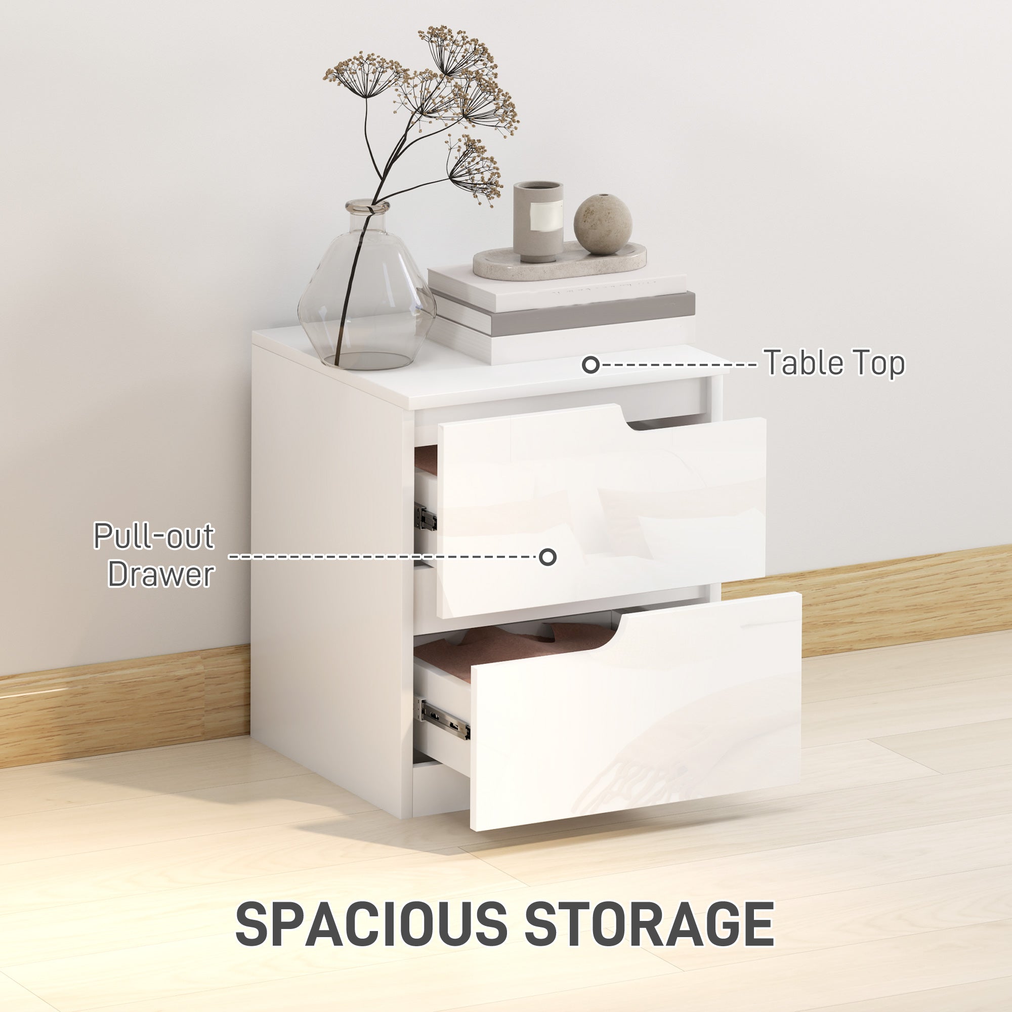 HOMCOM High Gloss Bedside Table Set of 2 - White