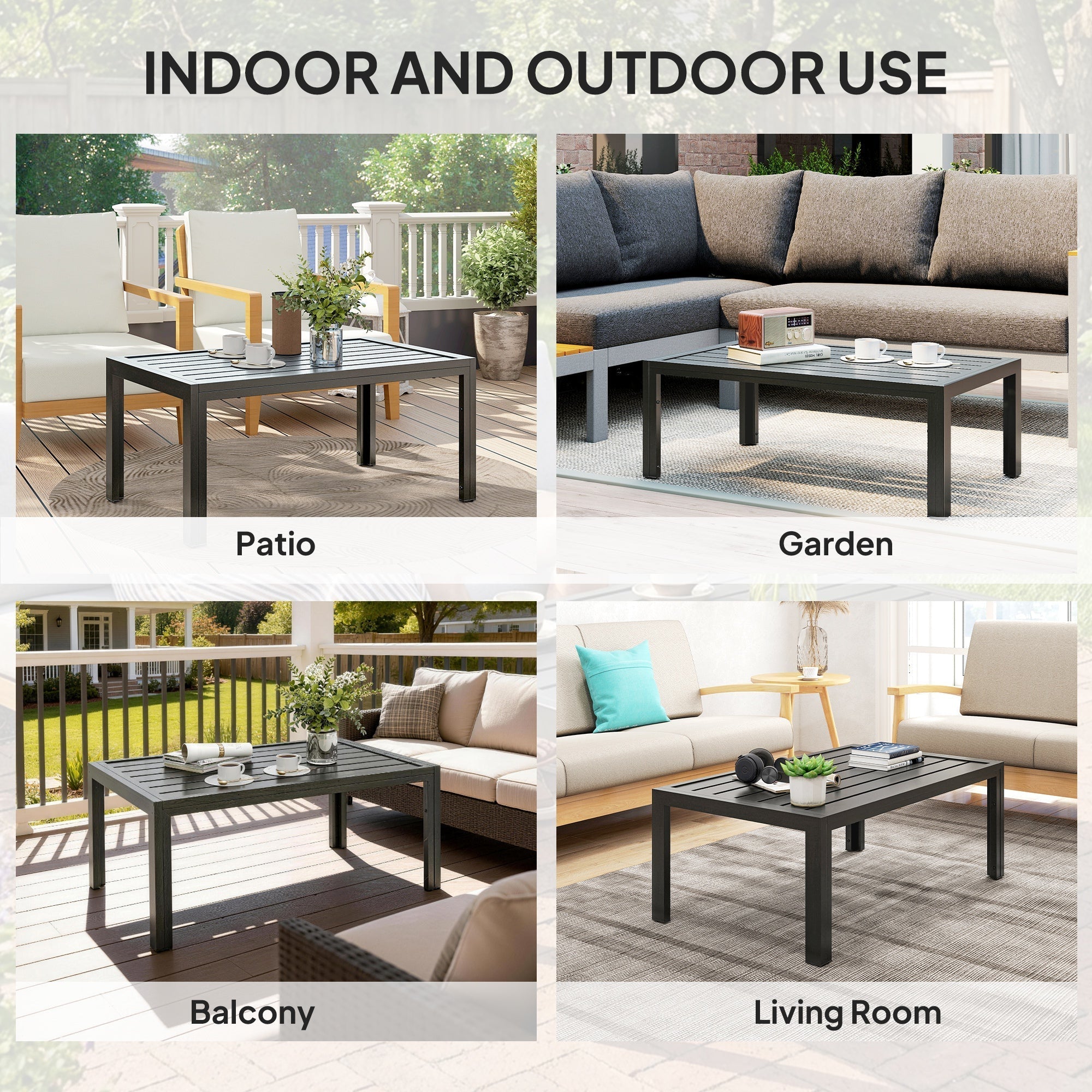 Outsunny Outdoor Side Table, Rectangular Patio Coffee Side Table with Steel Frame and Slat Tabletop for Garden, Balcony, Grey