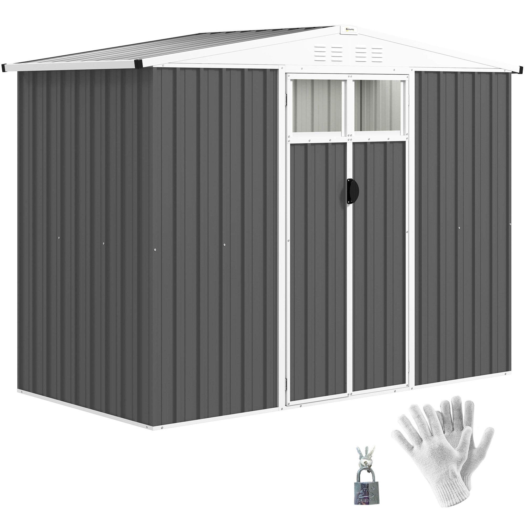 Outsunny 8 x 4 ft Metal Garden Shed, Garden Storage Shed with Window, 4 Vents and Lockable Door, Waterproof Galvanised Steel Tool Storage Shed, Dark Grey
