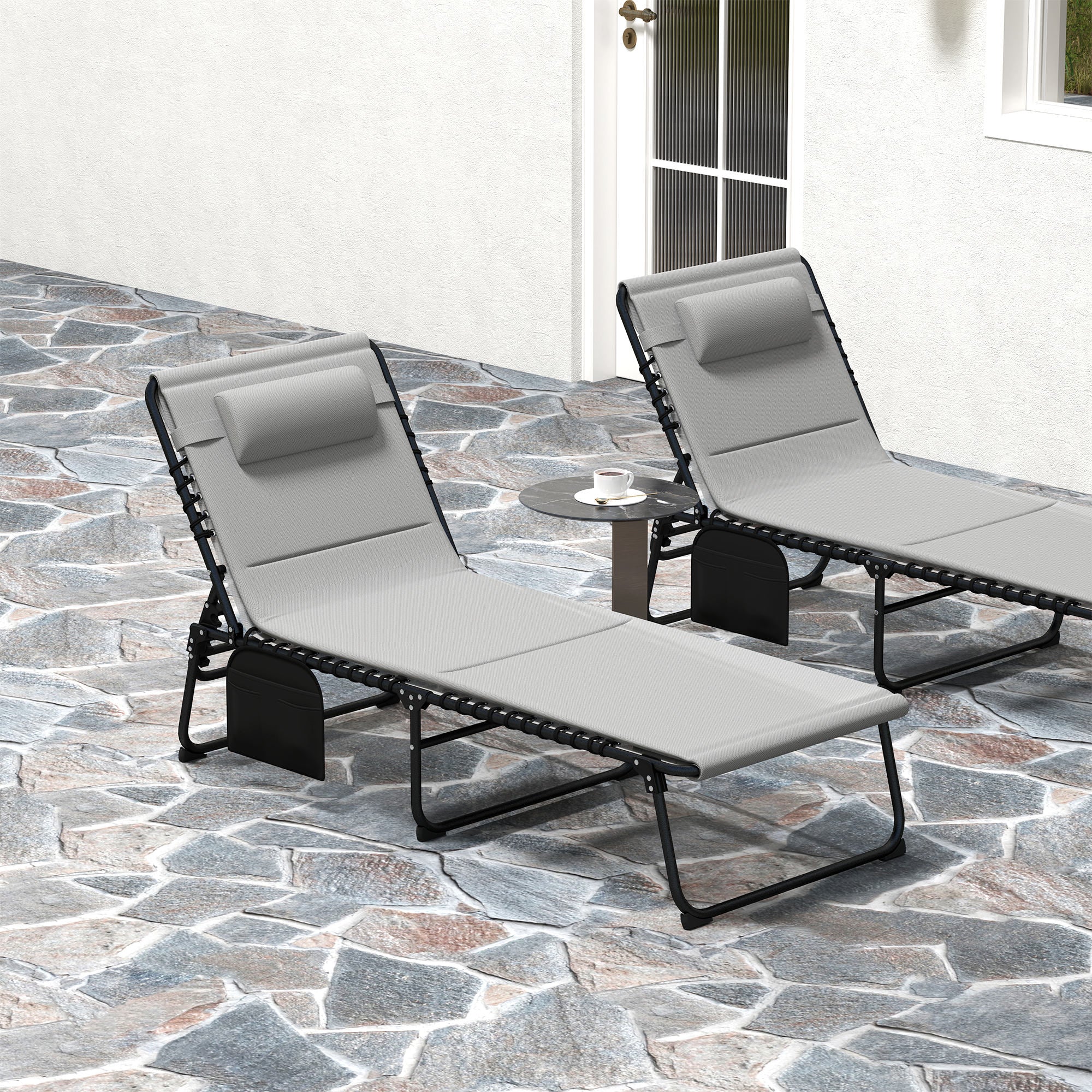 Outsunny Set of Two Reclining Sun Loungers - Light Grey