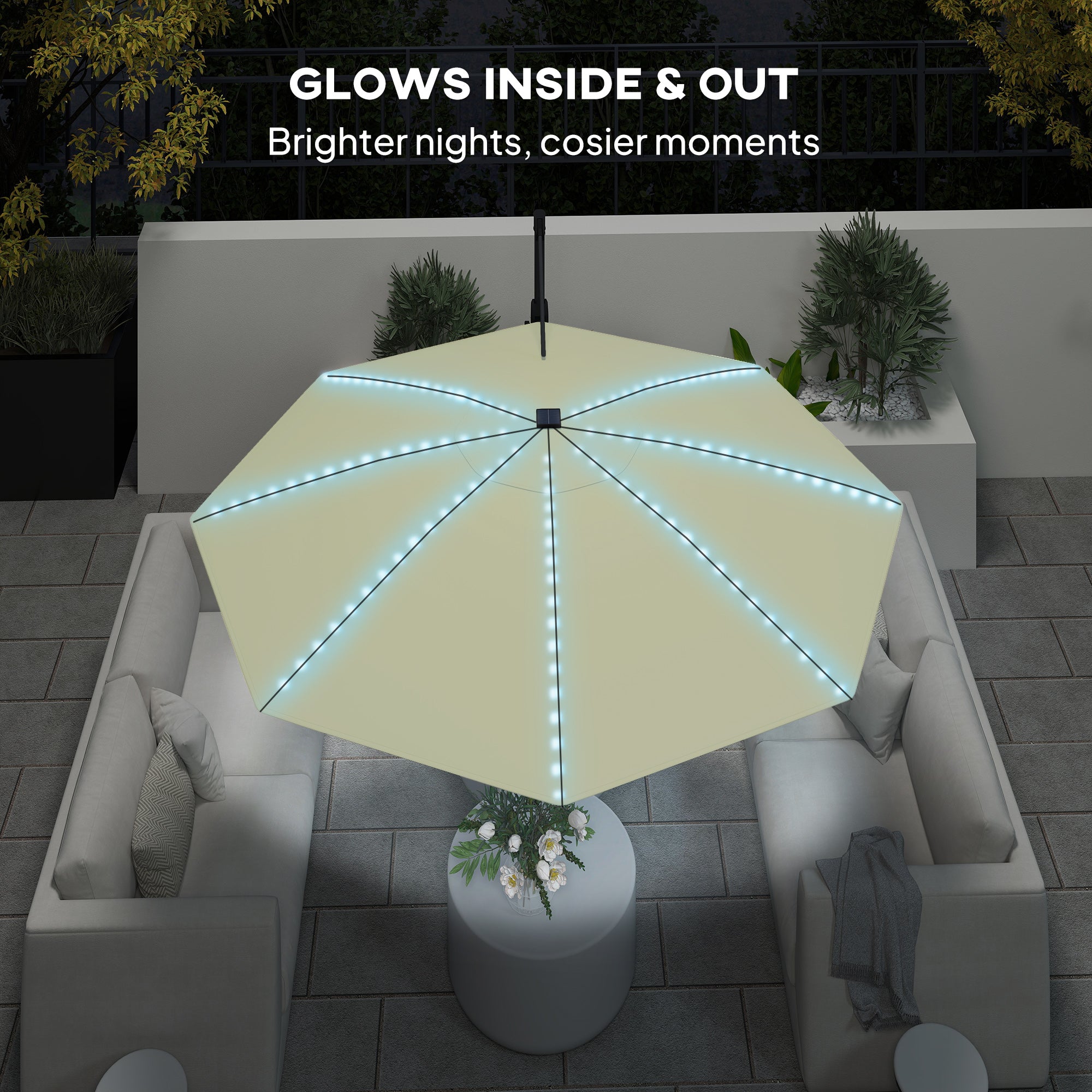 Outsunny 3(m) Cantilever Garden Parasol with Solar Powered Lights, Crank Handle & Cross Base, UPF 50+, 360√Ç¬∞ Rotation, Cream