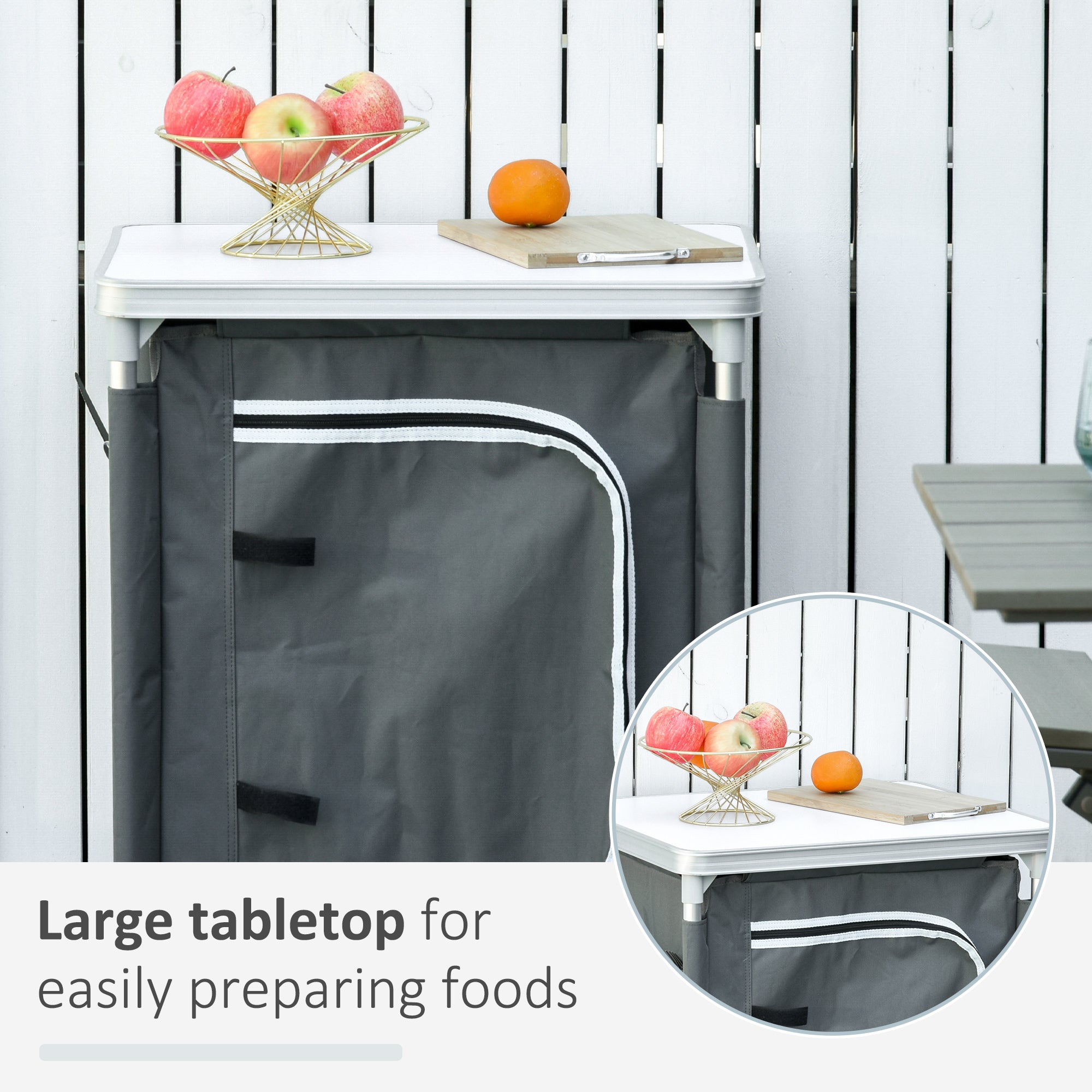 Outsunny 2-Shelf Camping Cupboard Camping Kitchen Station Cook Table Aluminum, Storage Organiser for BBQ Party Picnics Backyards with Carrying Bag