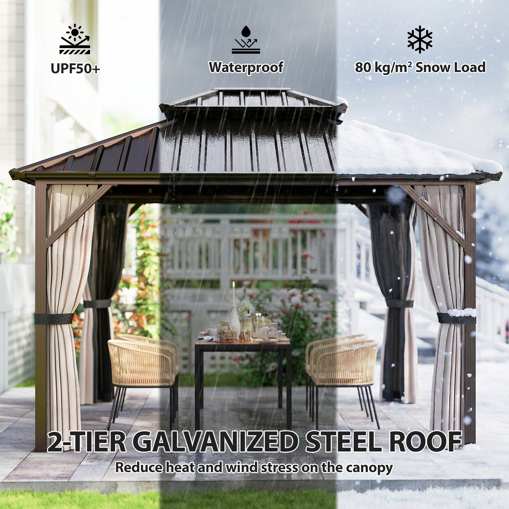 Outsunny 3x3.6 m Hardtop Gazebo Canopy with UPF50+ Double Galvanised Steel Roof, Aluminium Garden Gazebo Permanent Pavilion, Brown