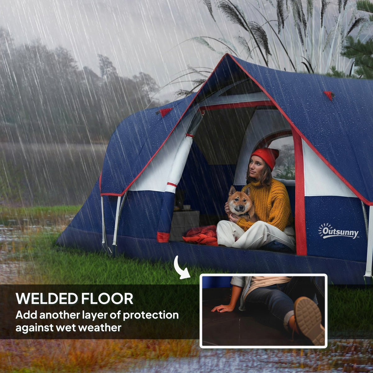 Outsunny 5-6 Man Camping Tent, Tunnel Tent, Water Resistant Hiking Shelter with Groundsheet and Carry Bag, Navy Blue