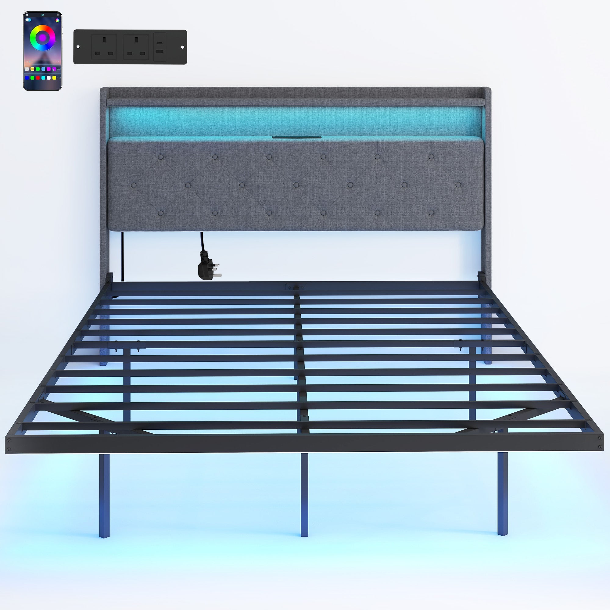 HOMCOM Floating Bed Frame, Upholstered 4ft6 Double Size Bed, Platform Bed with RGB LED Lights and Charging Station, Grey
