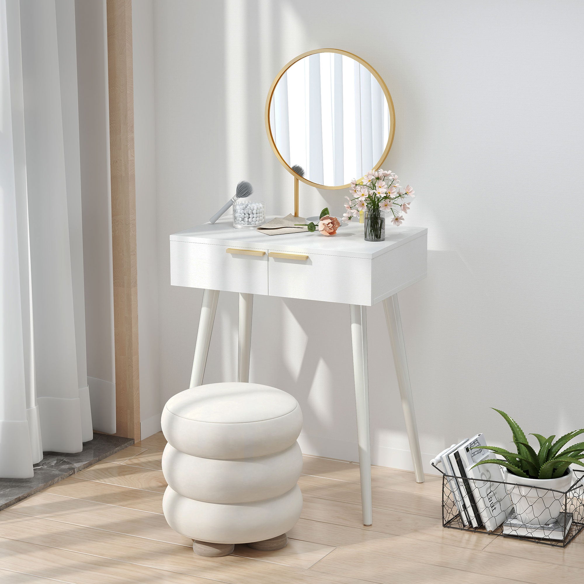 HOMCOM Elegant Dressing Table, with Round Mirror, 60 x 40 x 123 cm - White