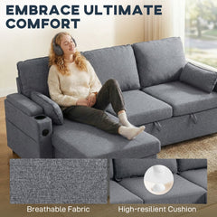 HOMCOM Corner Sofa Bed, L Shaped Sleeper Sectional Sofa with Reversible Storage Chaise, Grey