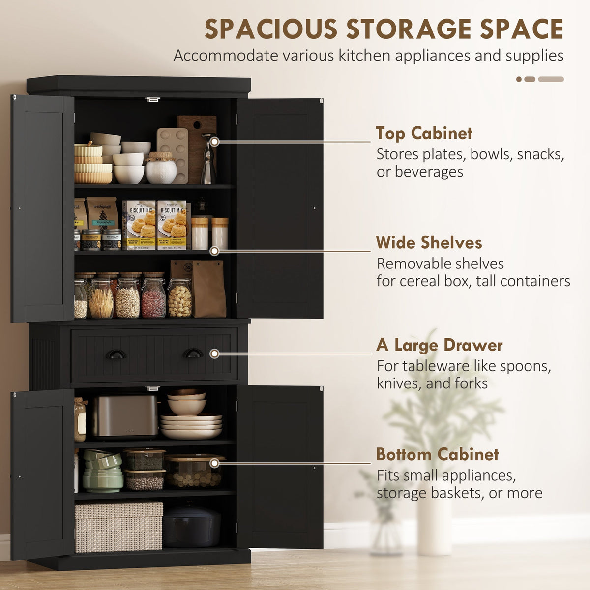 HOMCOM Kitchen Storage Cabinet with Drawer and Adjustable Shelves - Black