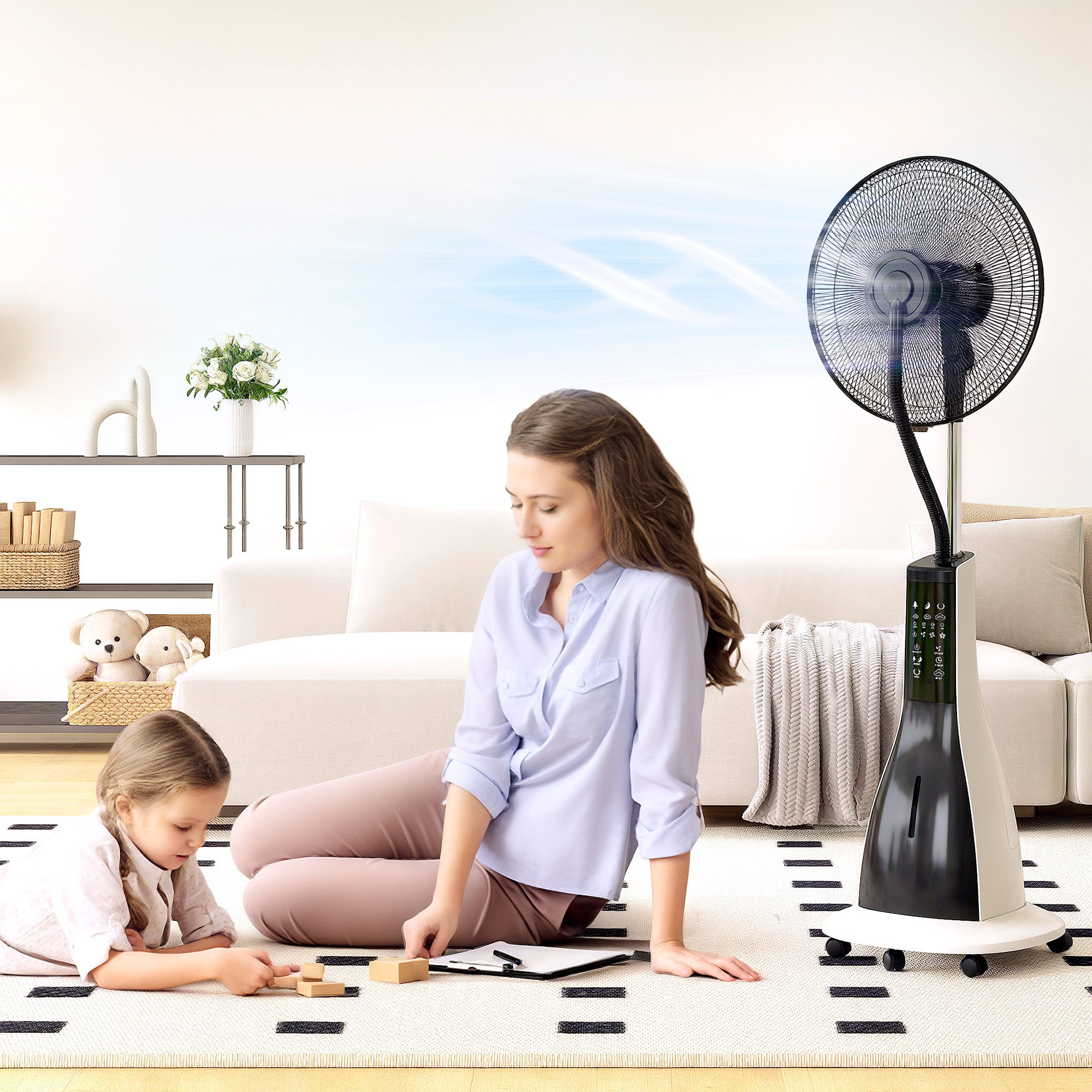 HOMCOM Pedestal Fan with Water Mist Spray, Spray Misting Fan with 75√Ç¬∞ Oscillation, Remote Control, Tilt Head, 3 Speeds, 3 Modes, 3 Mist, 3L Water Tank, Wheels, for Home, 125 cm