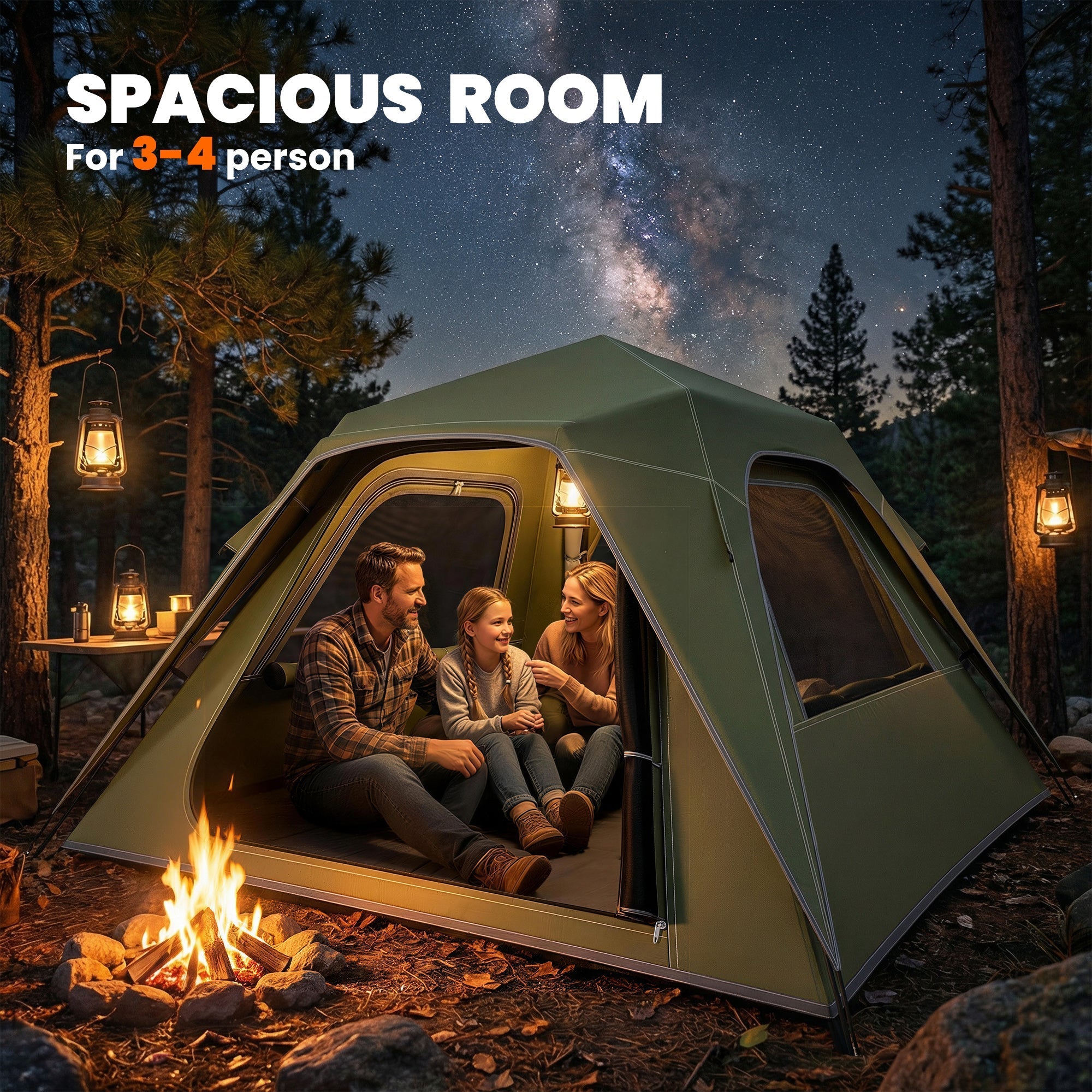 Outsunny Pop Up Tent 3000mm Waterproof Camping Tents with Mesh Windows 3-4 People Green