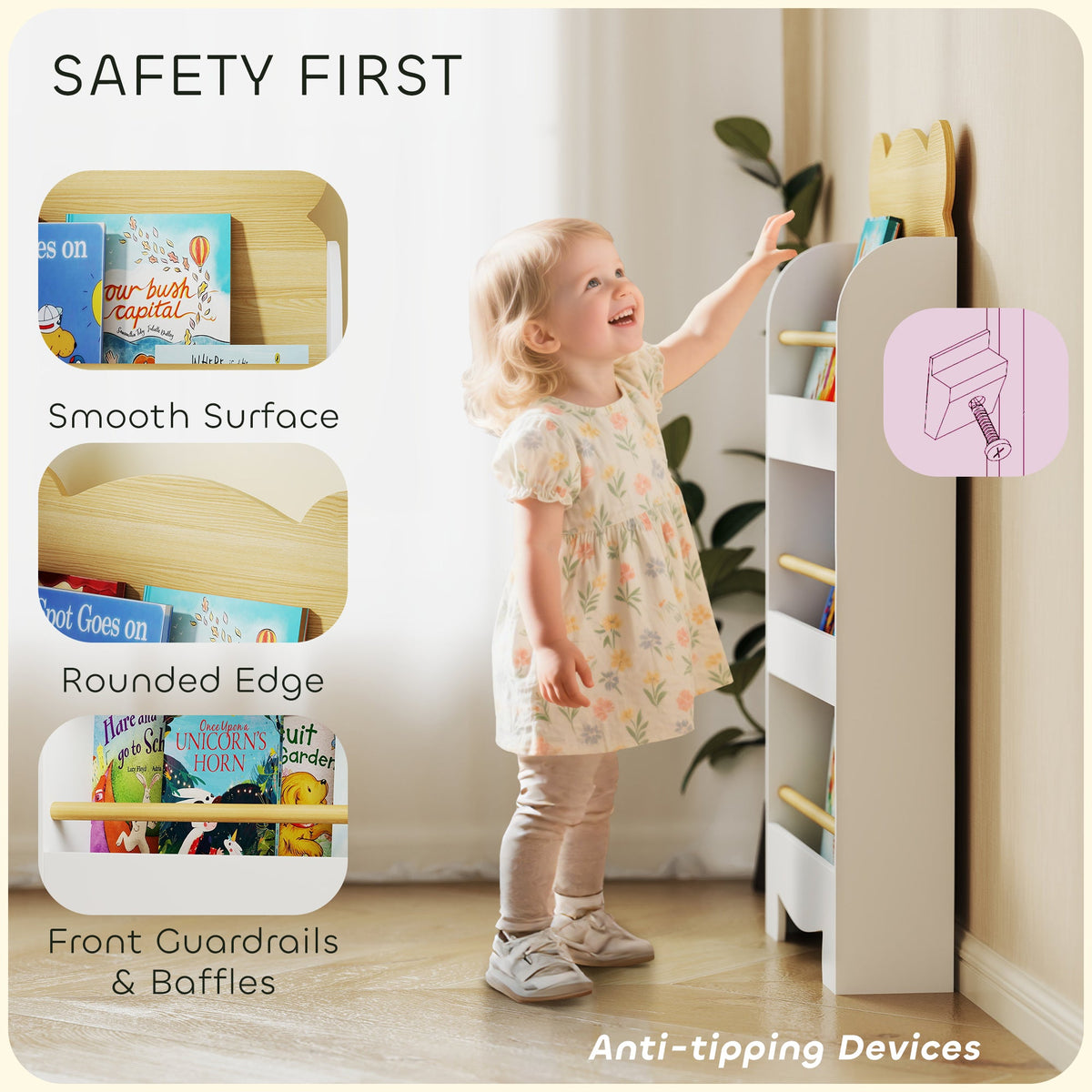 AIYAPLAY Kids Bookshelf, 3 Tier Children Bookcase, Bear Theme Toddler Space-Saving Bookcase for Living Room, White