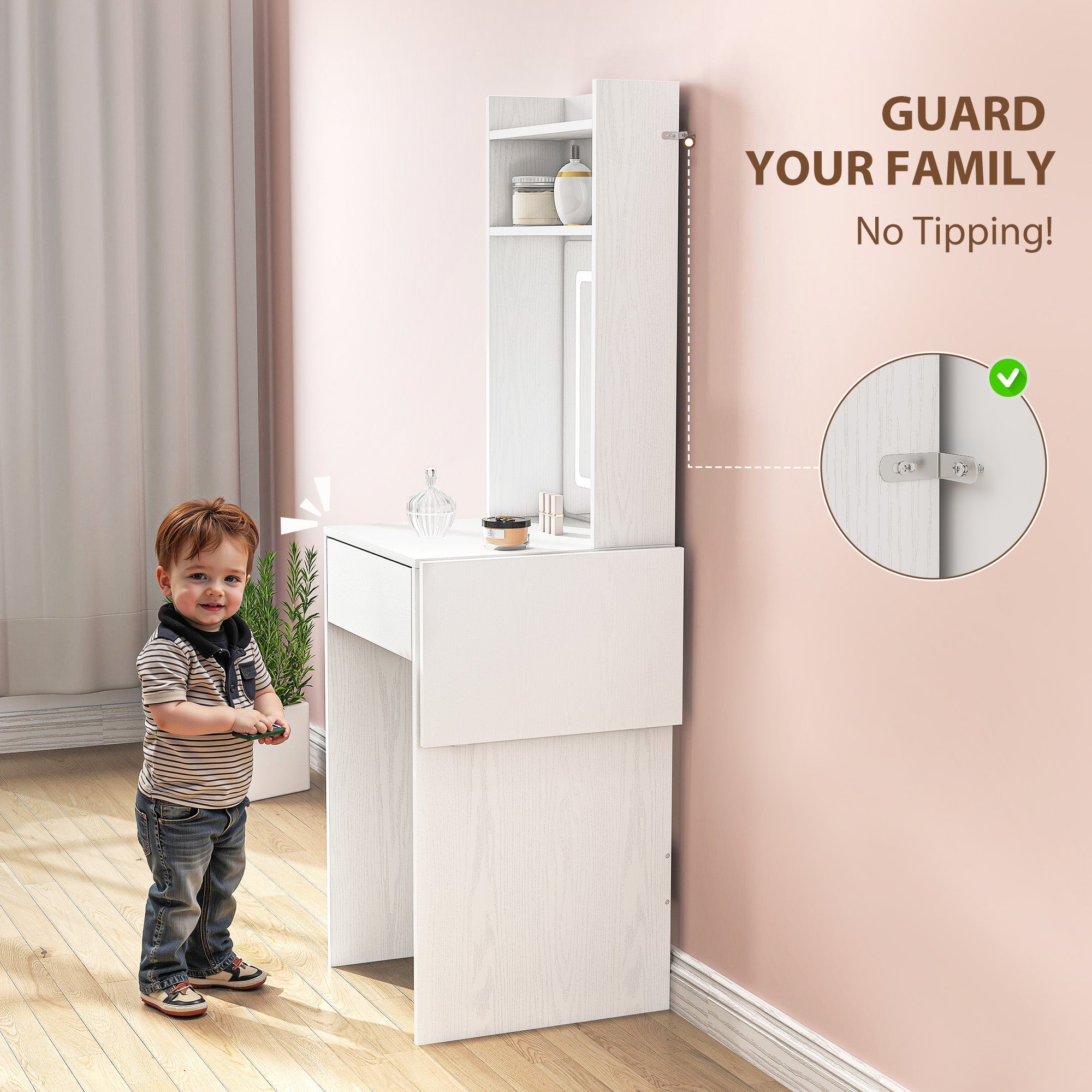 HOMCOM Small Vanity Desk with Mirror and LED Lights, Compact Dressing Table with Drop Leaf, Open Shelves and Drawer, White