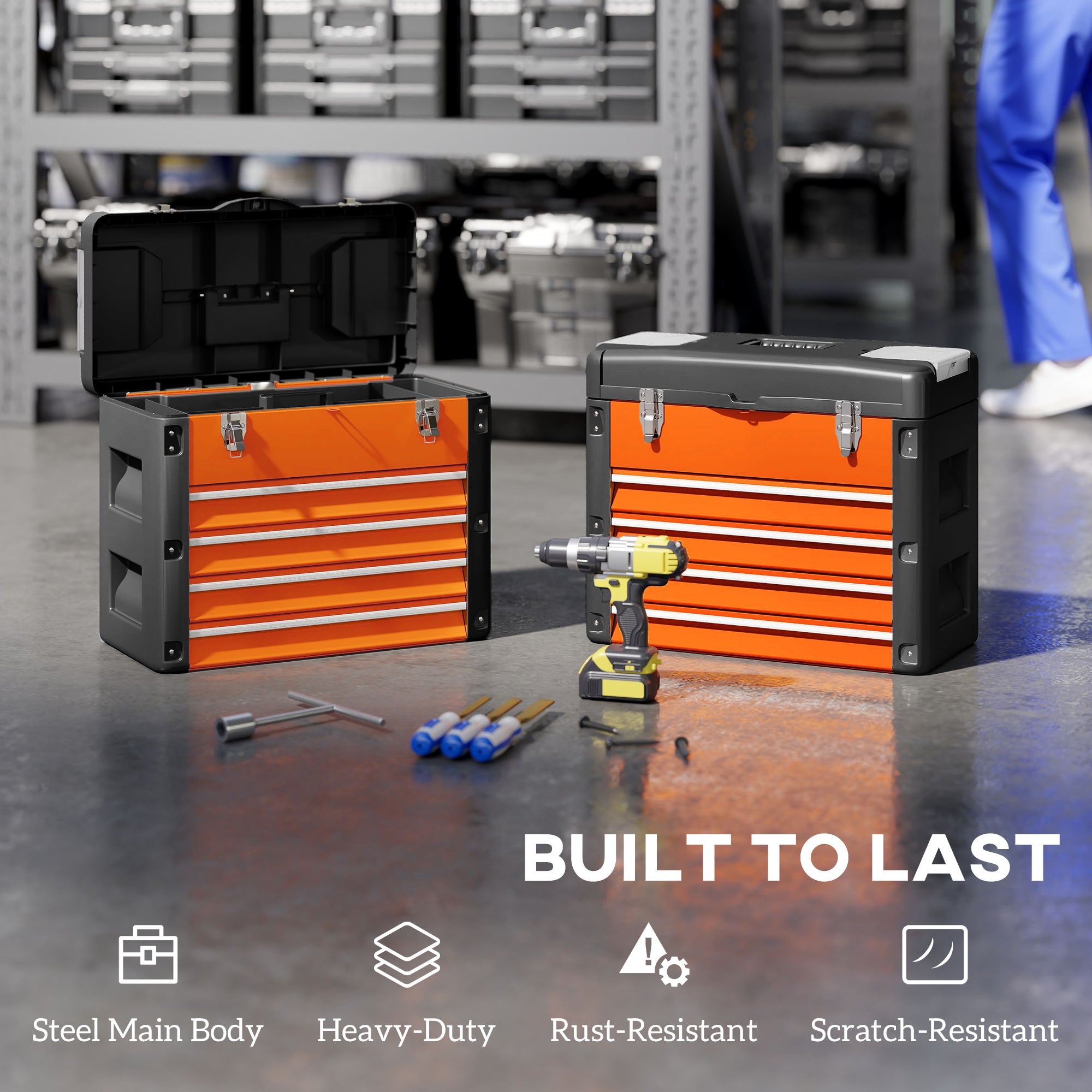 HOMCOM 4 Drawers Large Toolbox - Orange