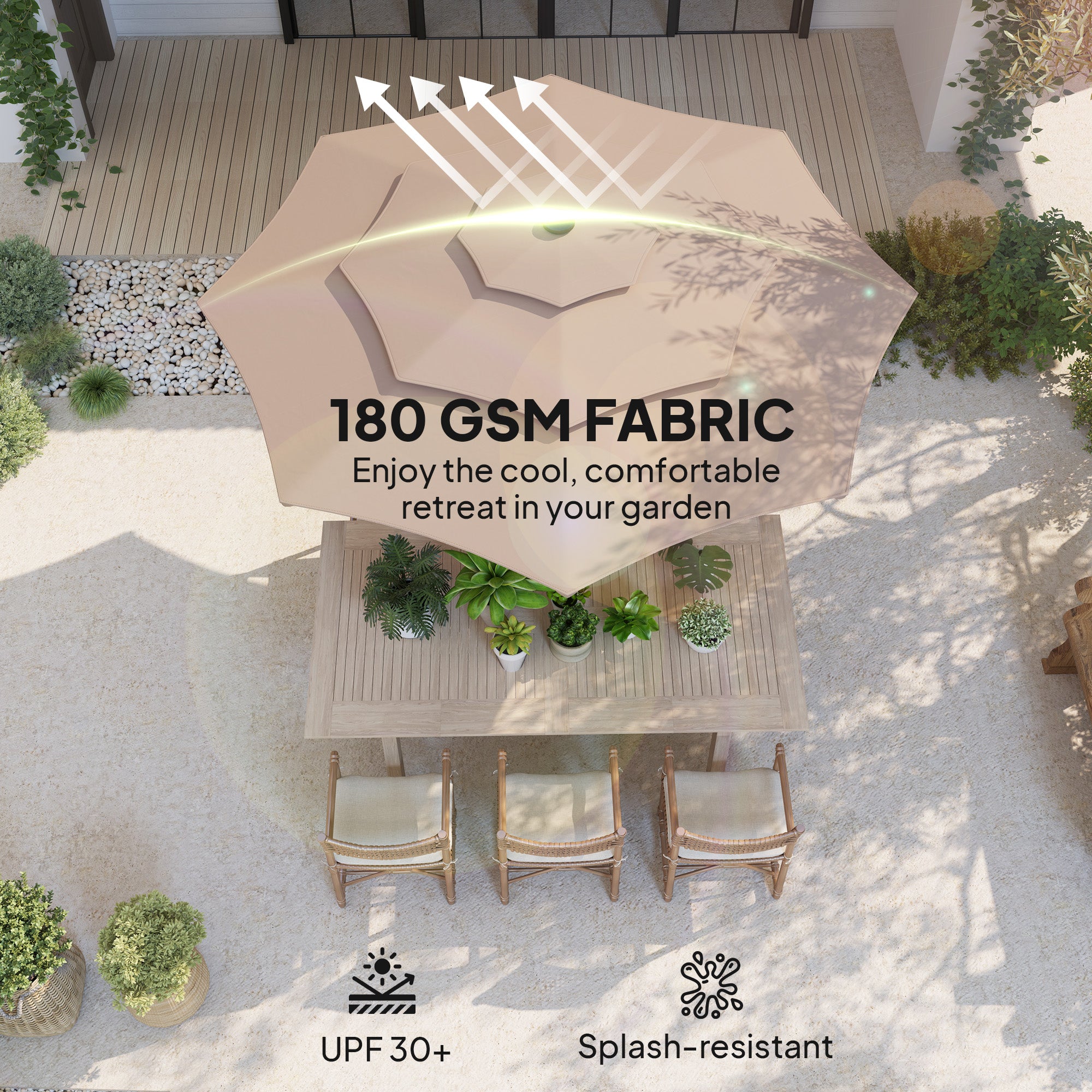 Outsunny 3-Tier Garden Parasol with Solar LED Lights, UPF 30+, Tilt Mechanism & Crank Handle, for Market Terrace, Khaki