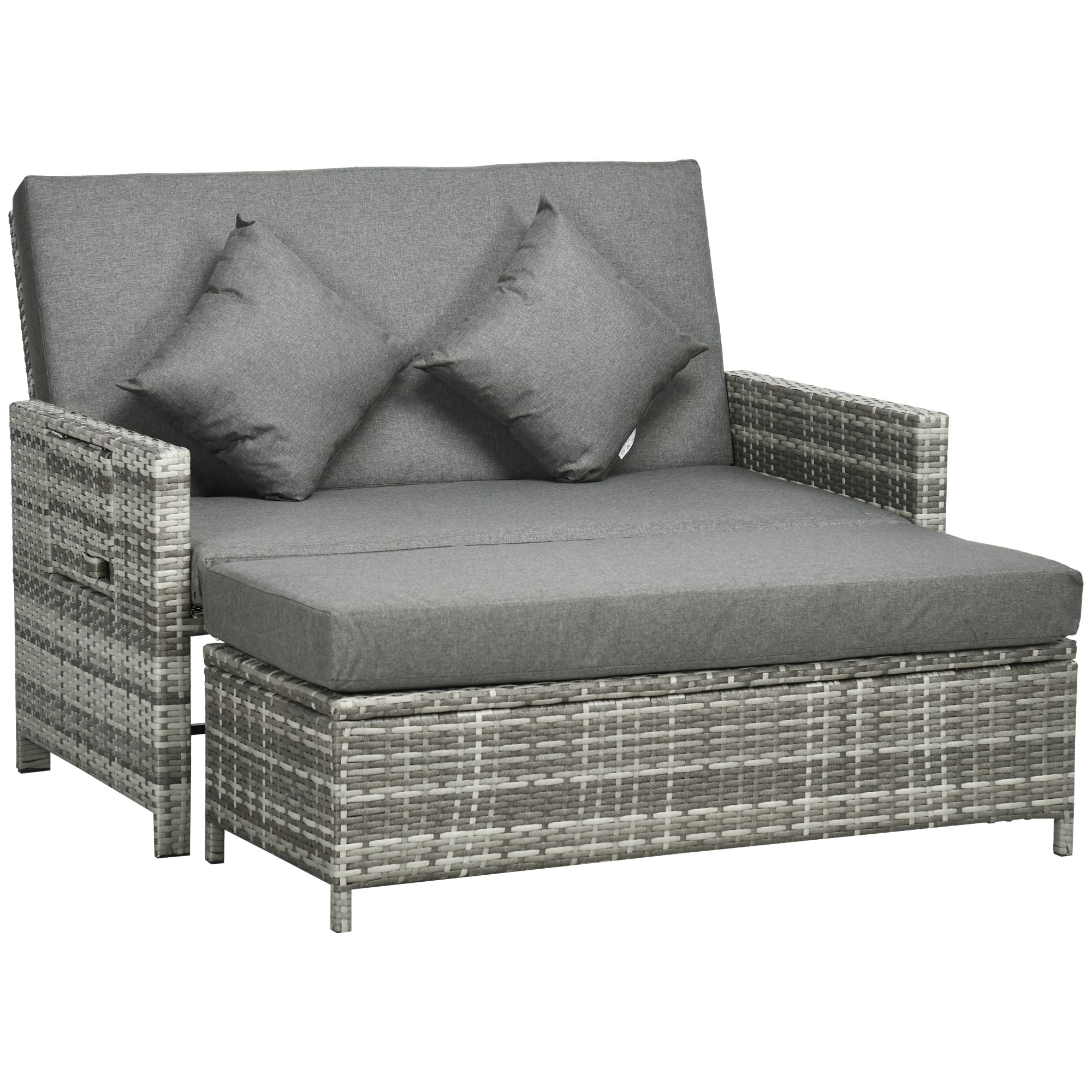 Outsunny Rattan Garden Daybed, Assembled Double Sun Lounger with 5-Level Adjustable Back, Storage Ottoman, Cushions, Pillows and Retractable Trays, Outdoor Loveseat Sofa Bed for Patio, Mixed Grey