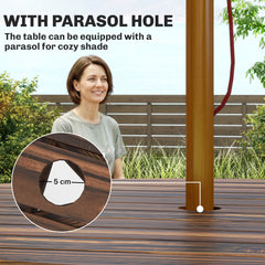 Outsunny Wooden Garden Dining Set, 6 Seater Round Dining Picnic Table with Matching Bench, Garden Furniture Set with Parasol Hole for Outdoor Patio Party and Family Gatherings, Carbonized