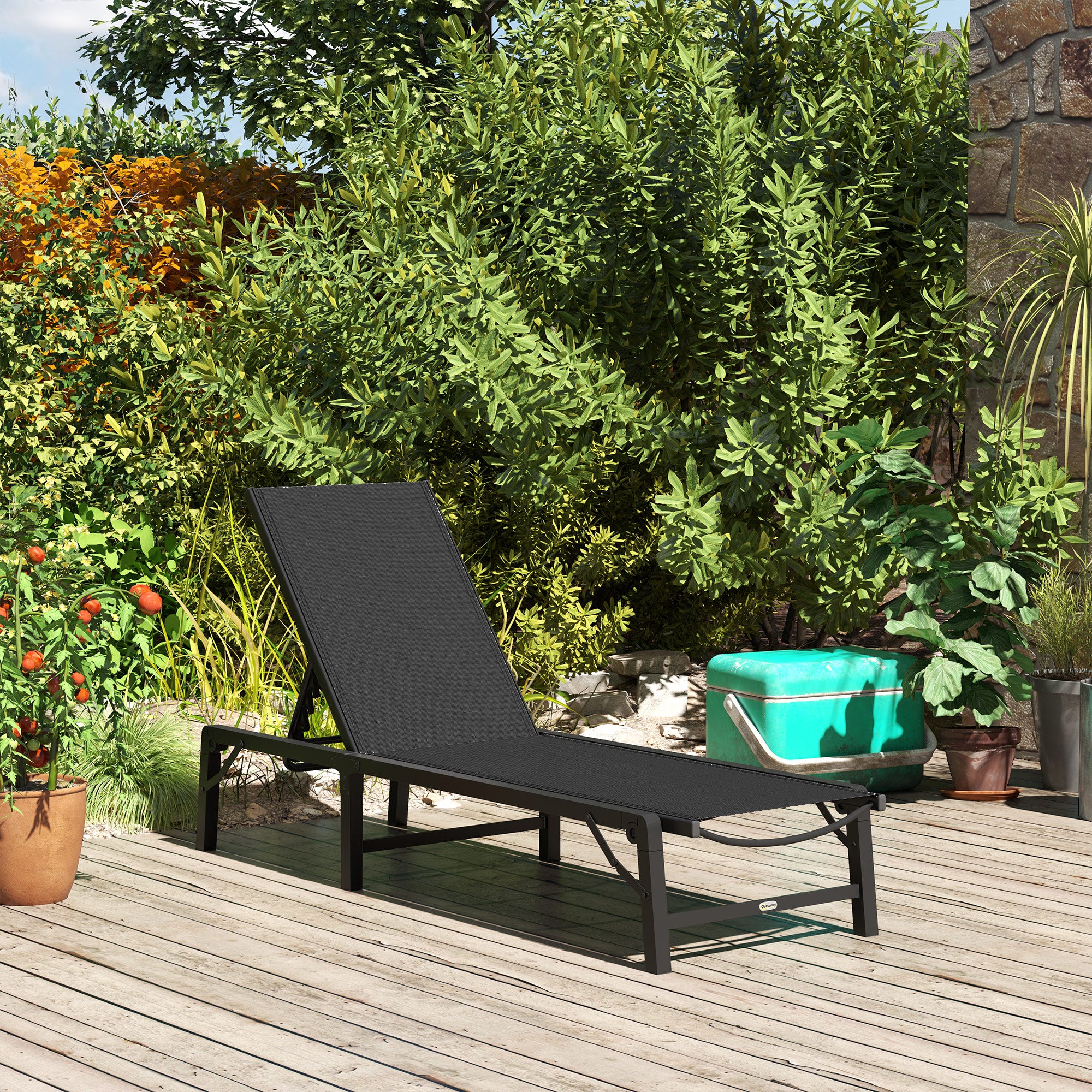 Outsunny Folding Sun Lounger, 5-Position Adjustable Reclining Garden Lounger, Garden Chaise Lounge Sunbed Recliner Chair with Steel Frame for Beach, Porch, Patio, Camping, Black