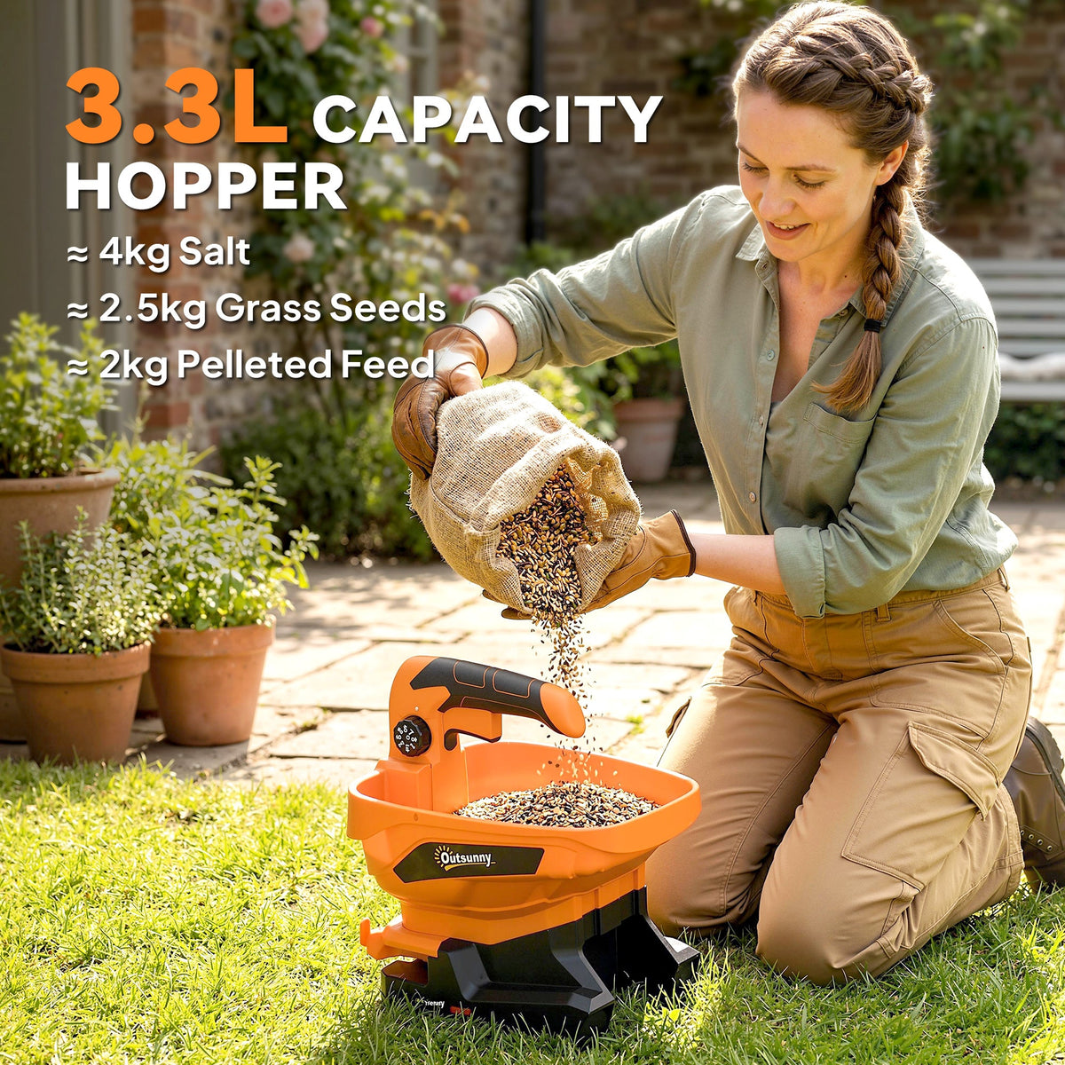 Outsunny Cordless Spreader, 3.3L Handheld Seed Spreader with Adjustable Scatter Width, Adjustable Flow, USB Charging Cable