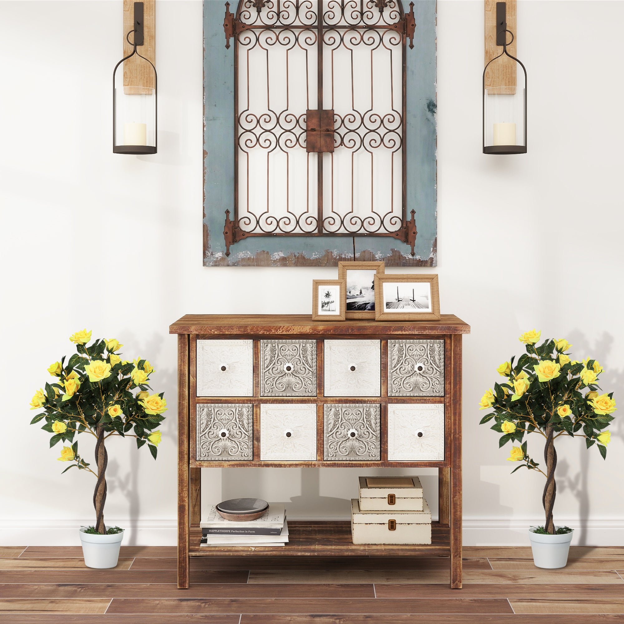 Outsunny Set of 2 Artificial Plants White Rose Floral in Pot, Fake Plants for Home Indoor Decor, 90cm, Yellow