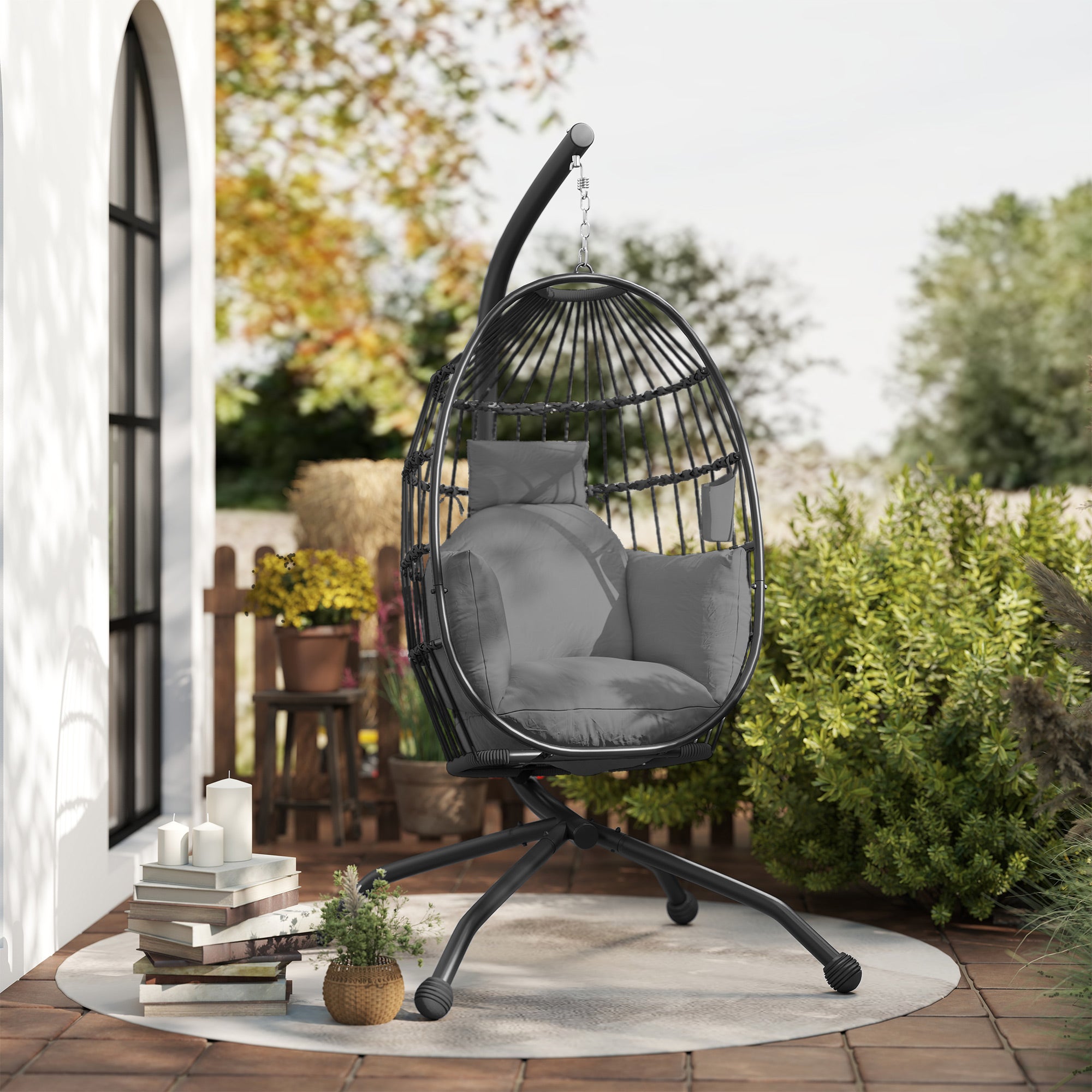 Outsunny Hanging Egg Chair Outdoor Indoor Garden Swing Chair with Folding Basket and Thickened Cushion, Garden Hanging Chair with Stand, Headrest, Cup Holder for Patio, Balcony, Dark Grey