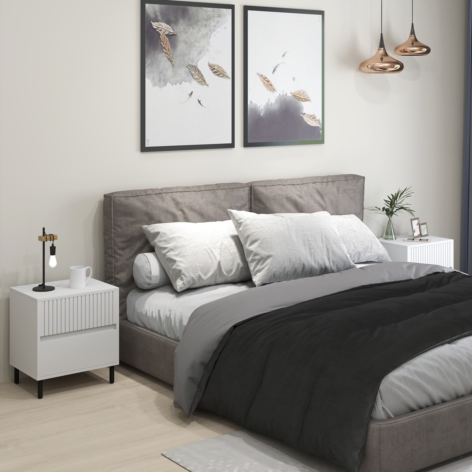 HOMCOM Simple Line Indented Two-Drawer Bedside Table Set of 2 - White