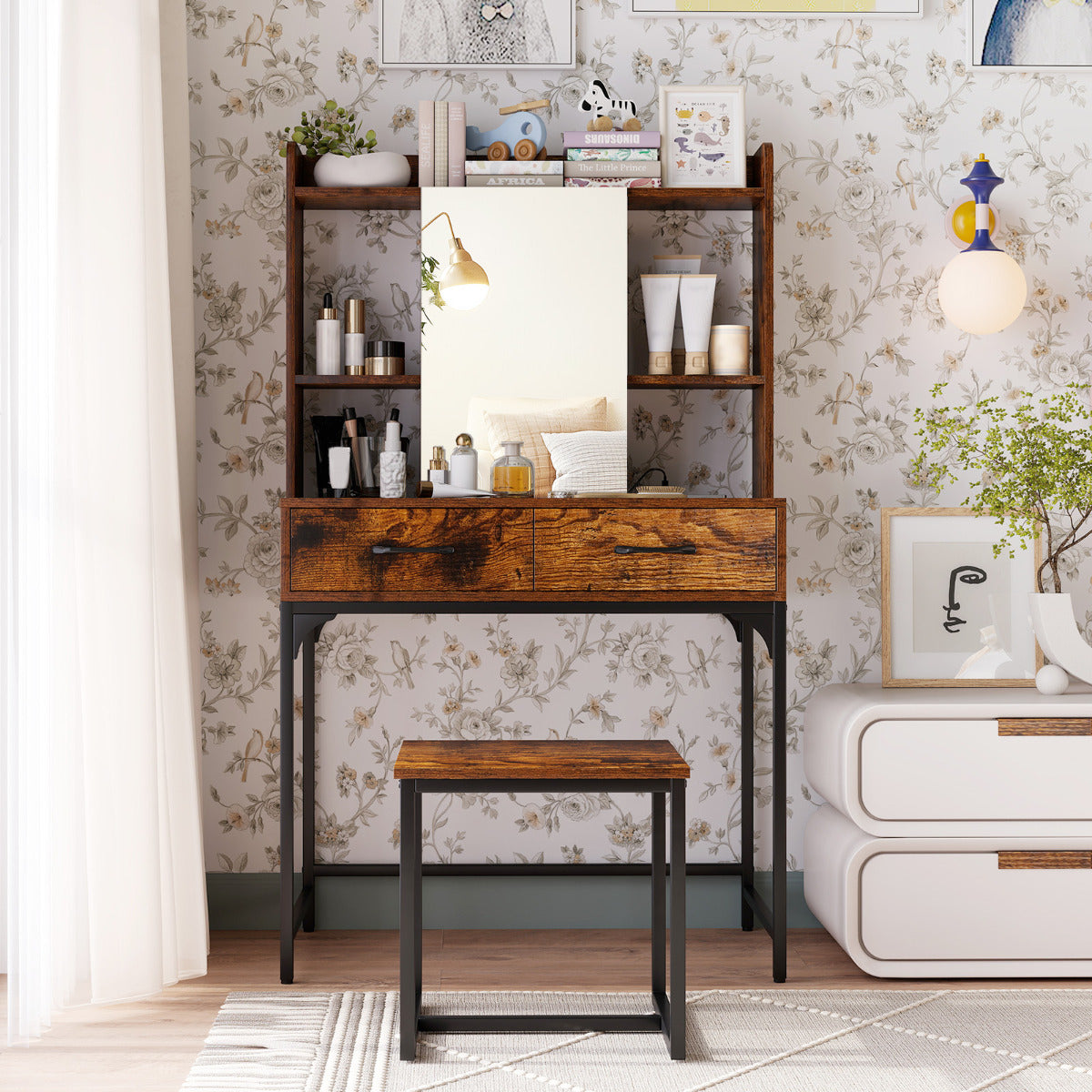 Vanity Desk with Mirror and Stool Wide Makeup Dressing Table-Rustic Brown