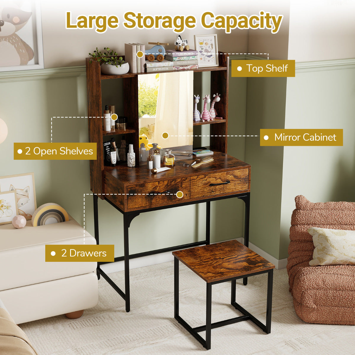 Vanity Desk with Mirror and Stool Wide Makeup Dressing Table-Rustic Brown