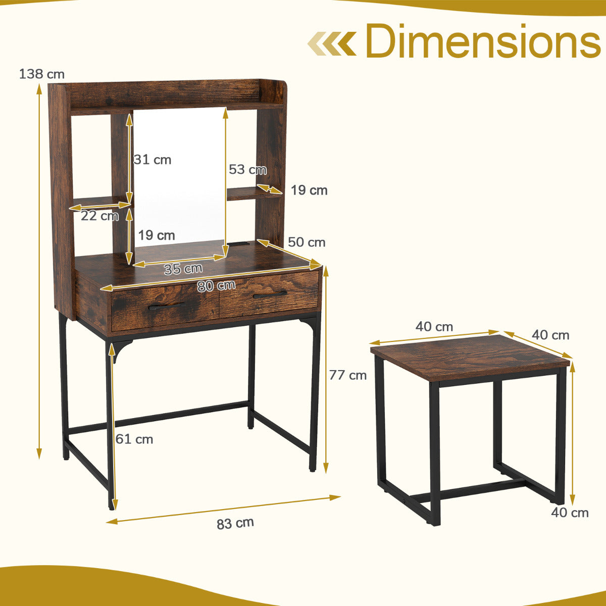 Vanity Desk with Mirror and Stool Wide Makeup Dressing Table-Rustic Brown