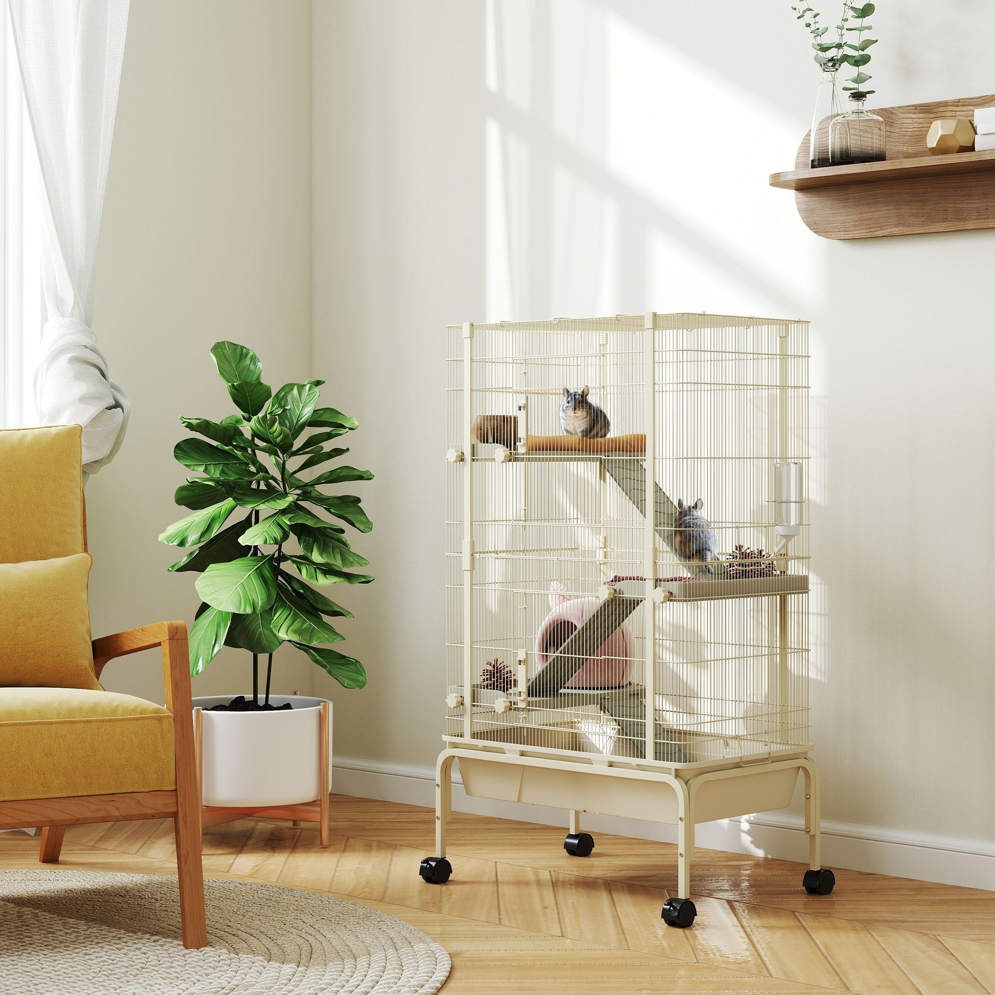 PawHut 4-Level Rolling Small Animal Cage, Rabbit Cage with 3 Ramps, Water Bottle, Food Dish, 15cm Deep Tray, Beige