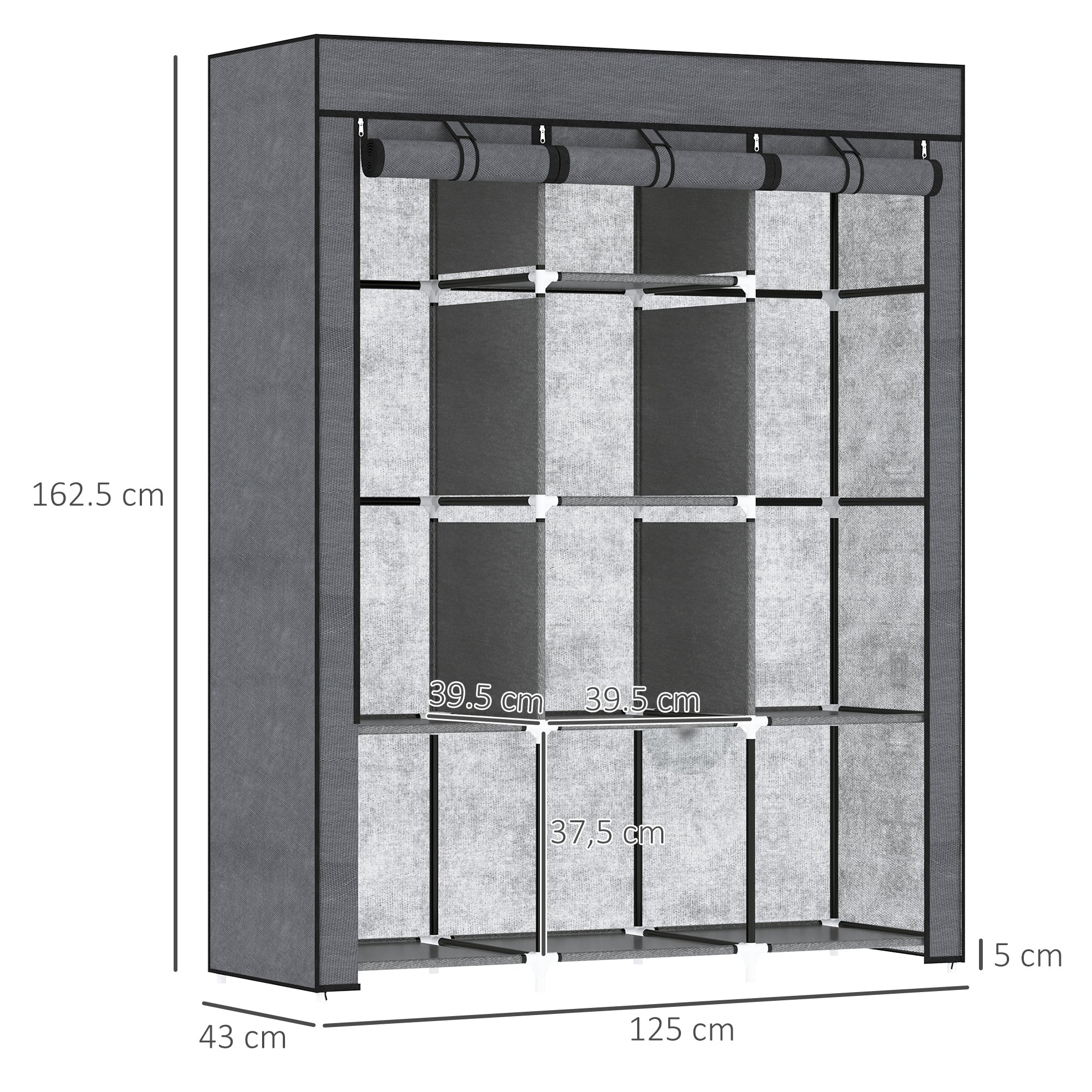HOMCOM Fabric Wardrobe, with Rails and Shelves - Dark Grey