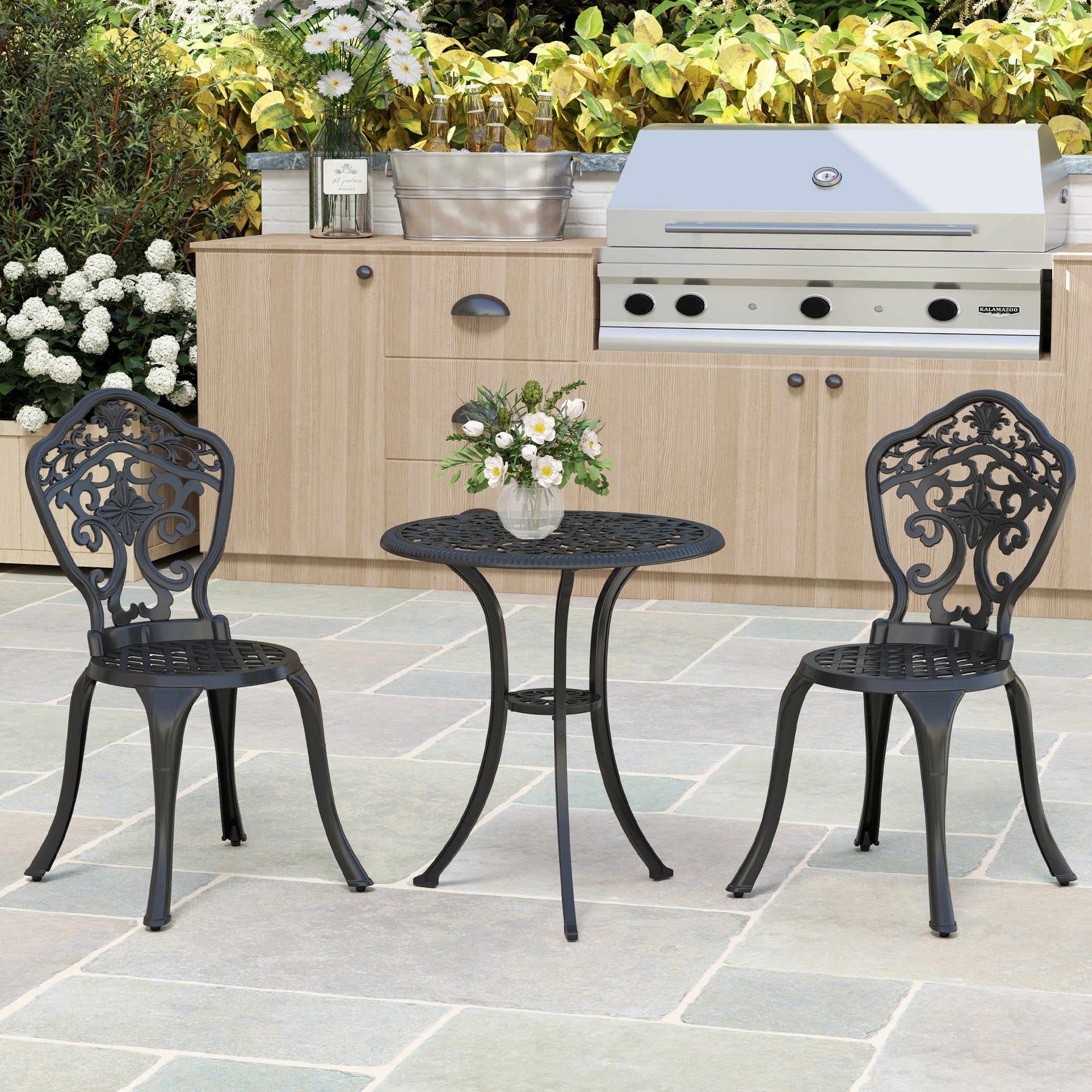 Outsunny Three-Piece Aluminium Floral Bistro Set - Black