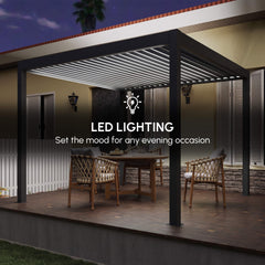 Outsunny 3 x 3(m) Electric Louvered Pergola with LED Lights, Aluminium Pergola Hardtop Gazebo with Remote, Adjustable Roof and Drainage System, Water and UV Proof