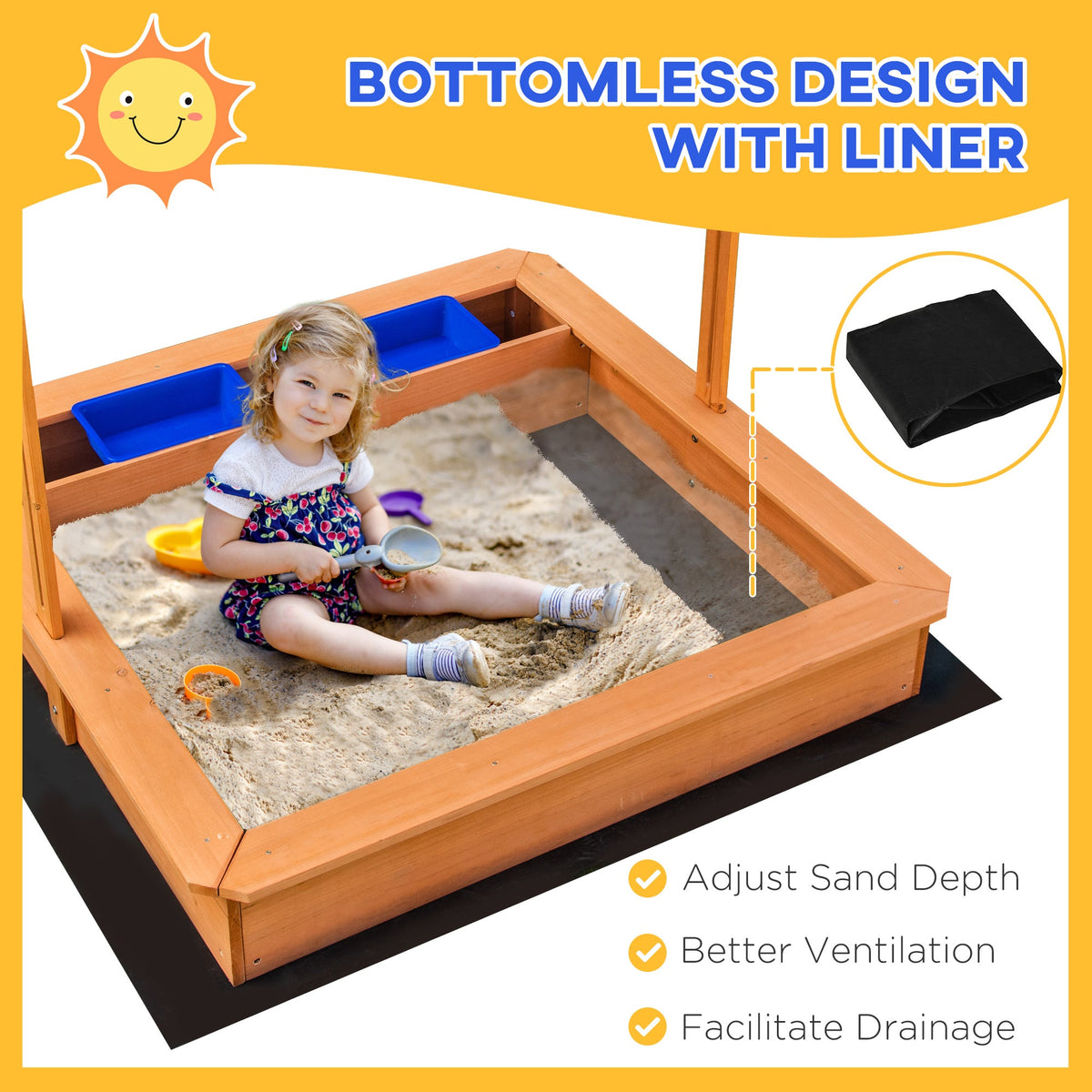 Outsunny Sand Pit Kids Wooden Sandbox with Cover Children Sandpit Play Station Height Adjustable with Canopy, Bottom Liner