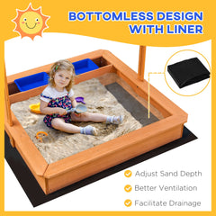 Outsunny Sand Pit Kids Wooden Sandbox with Cover Children Sandpit Play Station Height Adjustable with Canopy, Bottom Liner